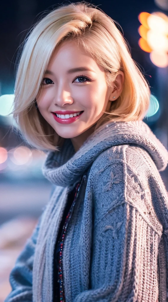 quality、image quality、8K分辨率、Beautiful woman with perfect style、coiffed blonde hair,short detailed hair,Exclusive jacket、Light sweater、Snowy Night City、smile brightly, 详细的脸, 詳細な目,
