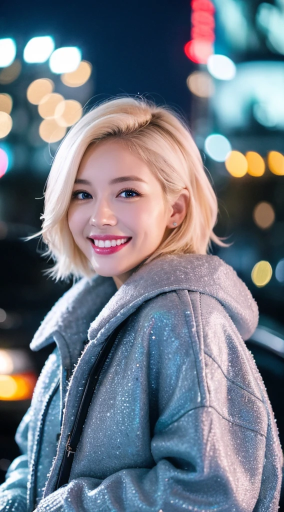 quality、image quality、8K分辨率、Beautiful woman with perfect style、coiffed blonde hair,short detailed hair,Exclusive jacket、Light sweater、Snowy Night City、smile brightly, 详细的脸, 詳細な目,