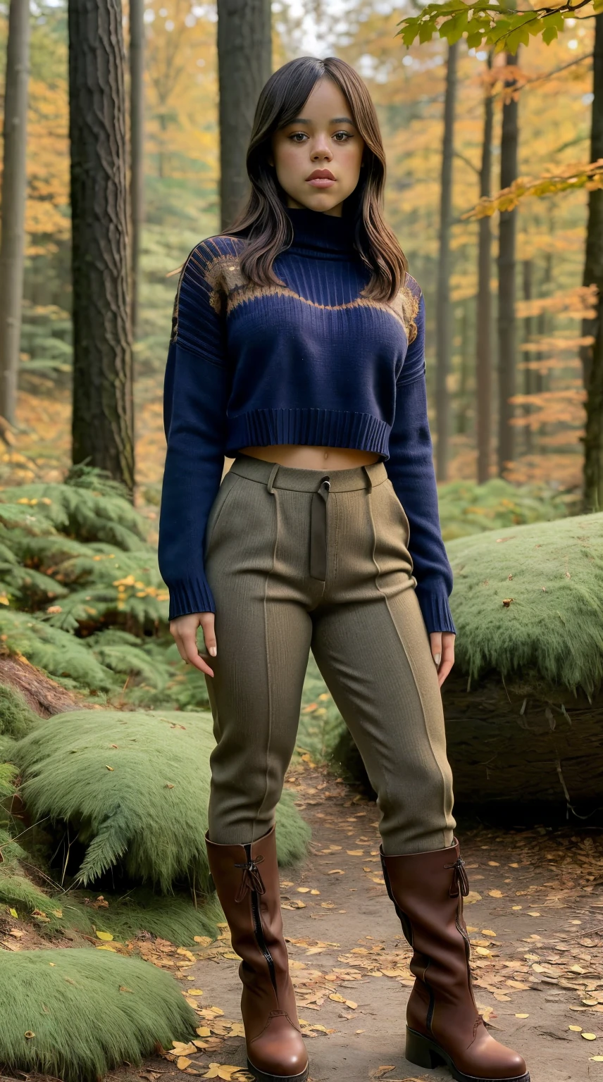 Masterpiece, stunning realistic, photorealistic, best quality, 16k,jenna ortega,sexy body,stehend in einem wald im herbst,cropped knitted sweater,cargopants,boots,straight hair,full body,