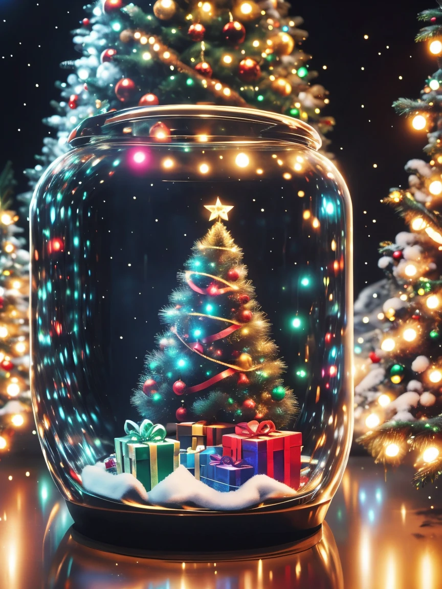 1 transparent light-emitting mechanical Christmas gift，(Holding CG game gun iconsw)，backpackuturistic christmas gift，Alliance Christmas City Background，model shoot style, (extremely detaild的 CG unified 8k wallpapers), hyper realisitc, 8K, super detailing, Best quality, Award-Awarded, Anatomically correct, 16k, super detailing