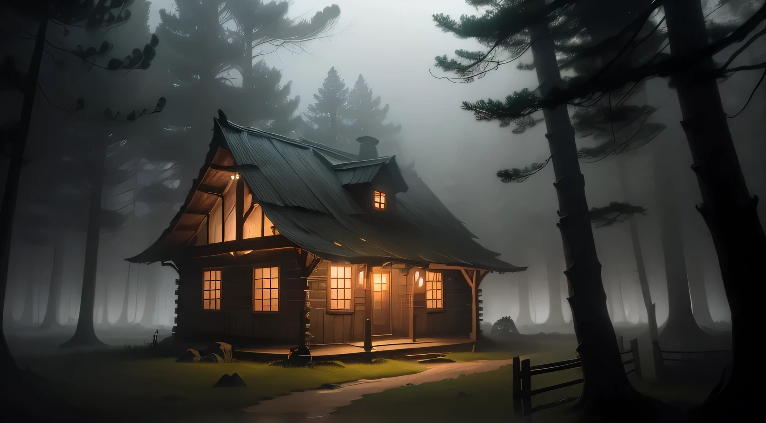 A rustic wooden house in the forest, darken, Green ambient light，With an atmosphere of terror, on a terrible night, Shrouded in thick fog and cloudy sky, in deep darkness.