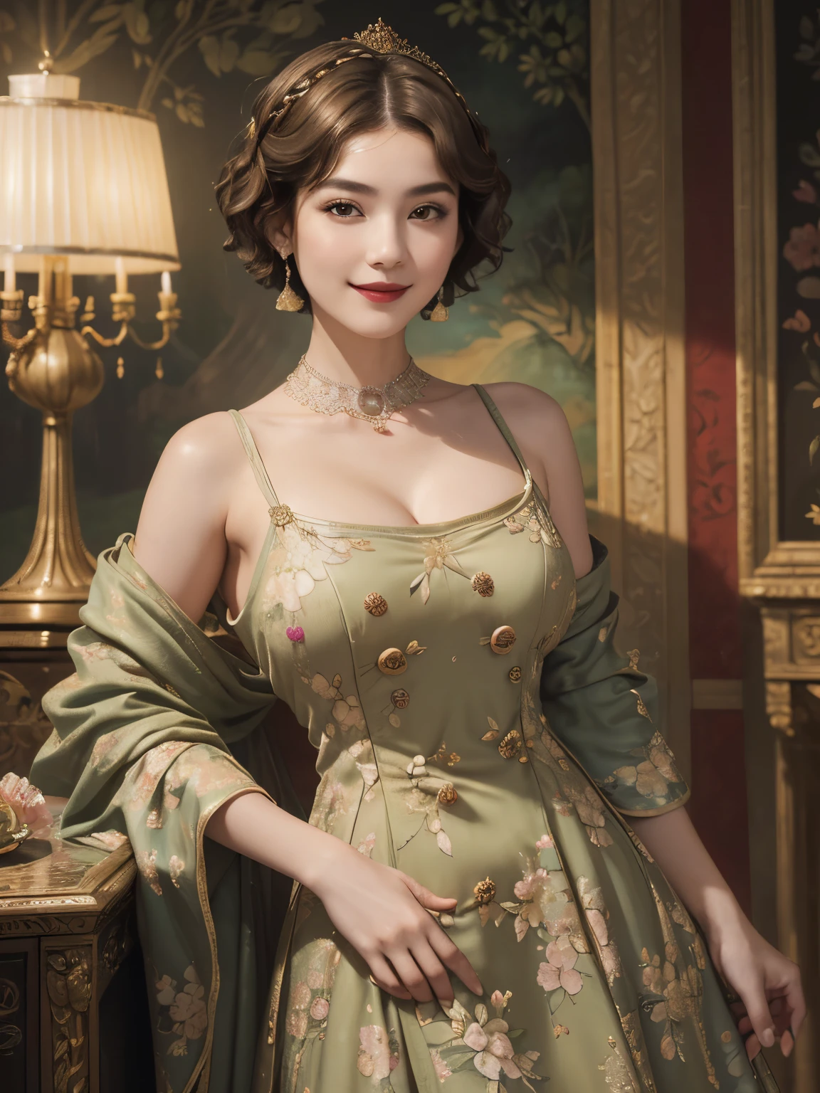 140
(a 20 yo woman,in the palace), (A hyper-realistic), (high-level image quality), ((beautiful hairstyle 46)), ((short-hair:1.46)), (kindly smile), (breasted:1.46), (lipsticks), (is wearing dress), (murky,wide,Luxurious room), (florals), (an oil painting、Rembrandt)