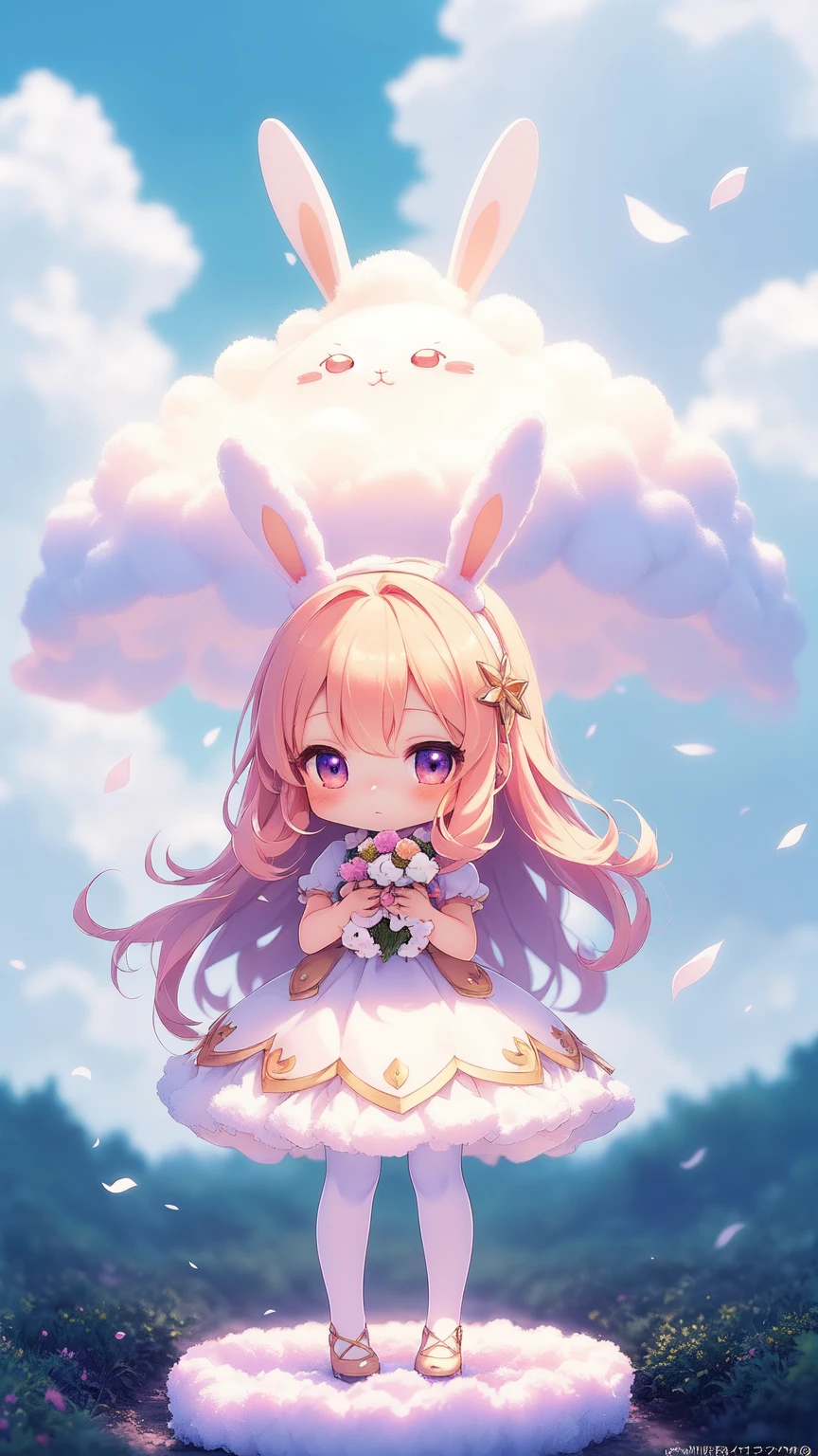 Bunny Morphing Girl, Fluffy, Soft ((Best Quality)), ((masutepiece)), ( Extreme Detail, Supreme Detail, Official art, Beauty and aesthetics: 1.2), depth of fields, Composition, Full body, (Chibi), (Beautiful and detailed eyes: 1.3), (Excellent:1), colorful clouds background blurred