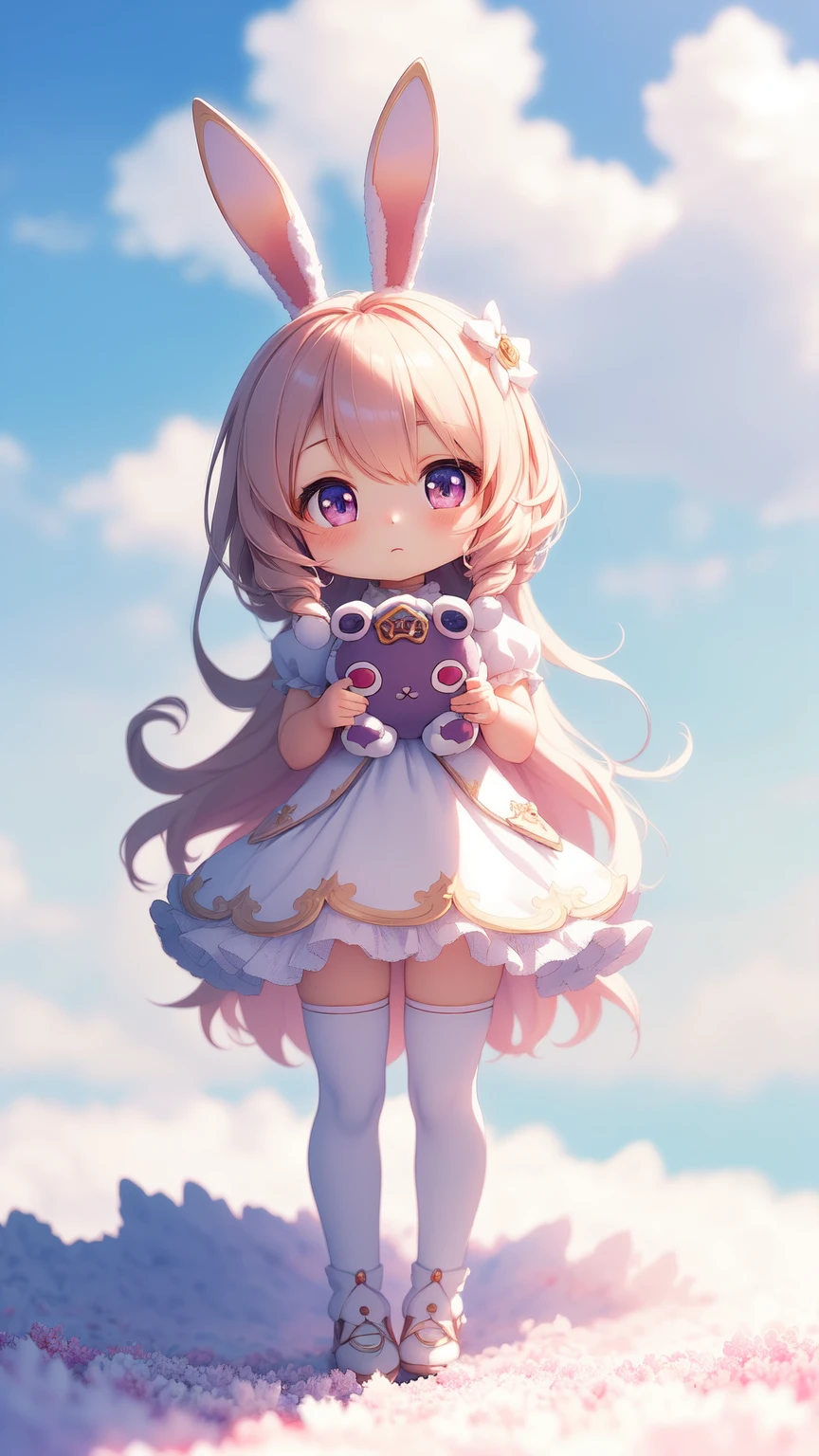 Bunny Morphing Girl, Fluffy, Soft ((Best Quality)), ((masutepiece)), ( Extreme Detail, Supreme Detail, Official art, Beauty and aesthetics: 1.2), depth of fields, Composition, Full body, (Chibi), (Beautiful and detailed eyes: 1.3), (Excellent:1), colorful clouds background blurred