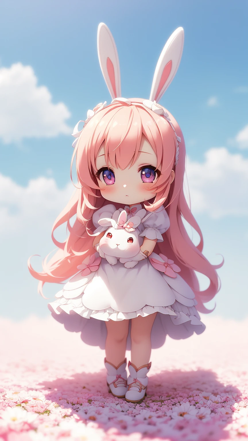 Bunny Morphing Girl, Fluffy, Soft ((Best Quality)), ((masutepiece)), ( Extreme Detail, Supreme Detail, Official art, Beauty and aesthetics: 1.2), depth of fields, Composition, Full body, (Chibi), (Beautiful and detailed eyes: 1.3), (Excellent:1), colorful clouds background blurred