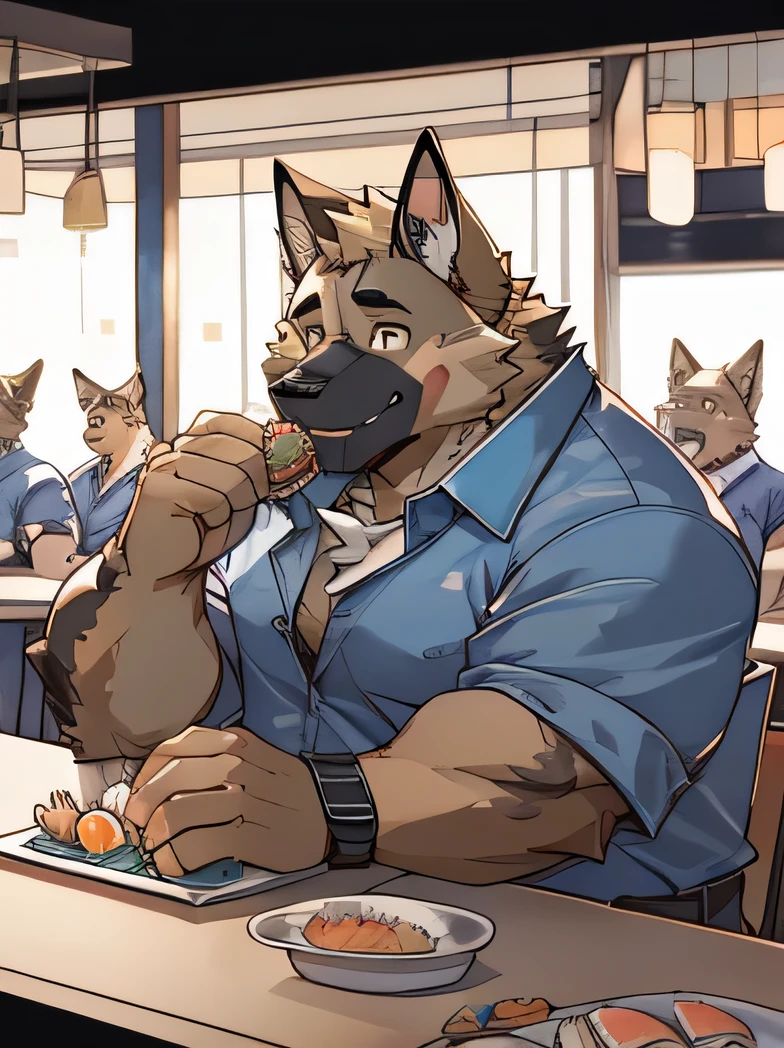 ((male german shepherd))(body type chubby muscle)((wears glesses))smile((wear an unbuttoned blue hawaii shirt))Sitting and eating sushi in a sushi bar with a fork