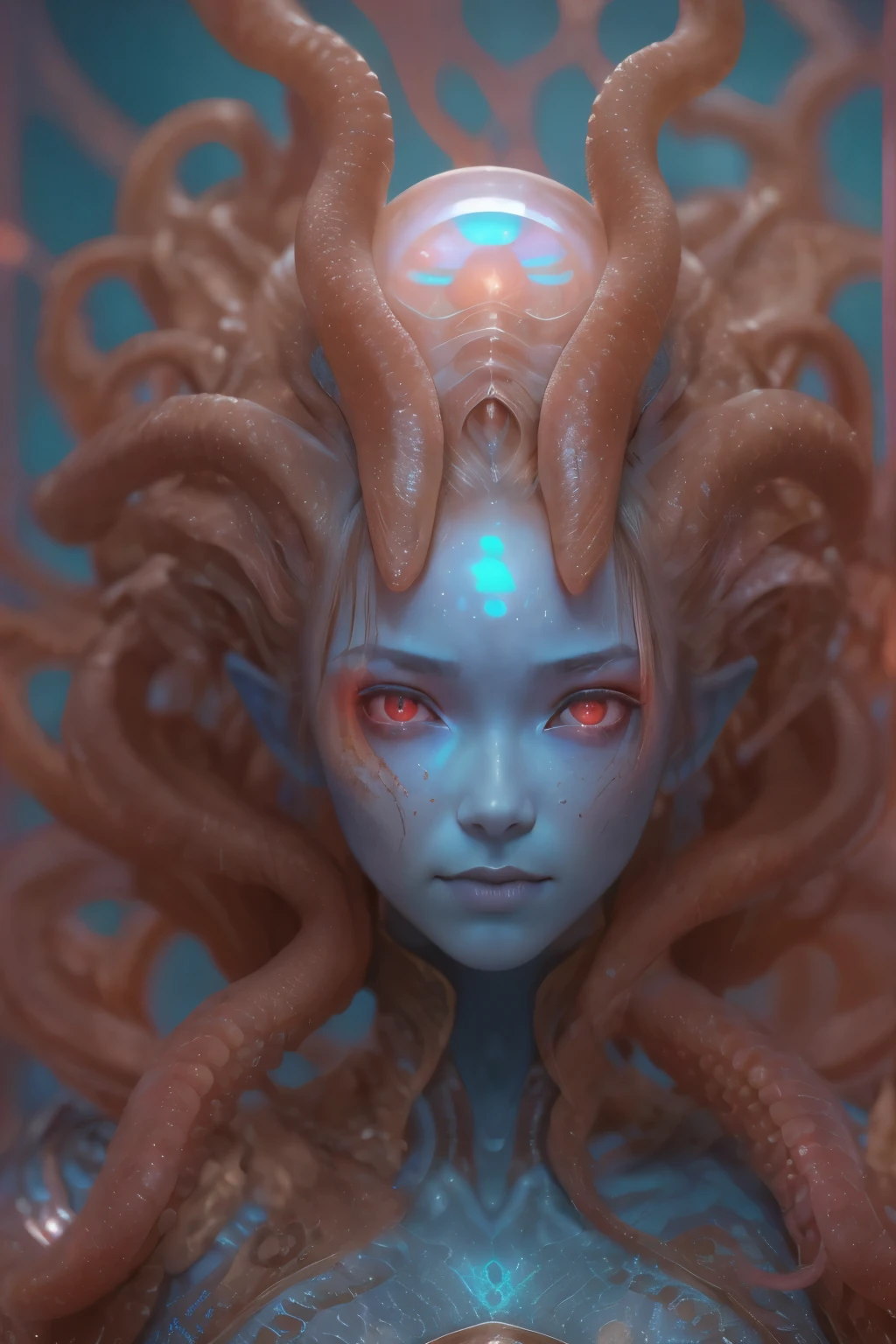 Portrait, (beautiful female alien:1.2), (There is a female genital-like organ in the middle of the forehead..:1.8), (The most beautiful face in the history of the universe:1.2), (scarlet eyes:1.6), (Translucent skin:1.8), an evil gaze that seduces , (red eyes:1.5), Full body like, (sexypose:1.5), alien, No humans, cells are fused, (Lots of translucent tentacles:1.1) (Translucent skin:1.3), extraterrestrial, cell, bio image, 魅惑的, Best Quality, 8K,4K_quality, High Definition, Dramatic Lighting, masutepiece:1.5,cinematic quality, detail up, (Intricate details:1.2), High resolution, High Definition, drawing faithfully, (Thick eyebrows:1.2), Beautiful eyes with fine symmetry, (Ultra detailed eyes:1.2),(Highly detailed face and eyes:1.2), (High-resolution red-eye:1.4), Intimate face, (Super detailed skin quality feeling:1.4), Perfect Anatomy, (Beautiful toned body:1.5), (Moist skin:1.2), No makeup, (dark circles:1.1), long canines, cinematic drawing of characters, ultra high quality model, cinematic quality, detail up, (Intricate details:1.2), High resolution, High Definition, drawing faithfully, Official art, Unity 8K wall , 8K Portrait, Best Quality, Very High resolution, ultra detailed artistic photography, midnight aura, unreal enginee 5, Ultra Sharp Focus, art by alberto seveso, ArtGerm, Roisch, intricate artwork, Medusa, best quality, masutepiece, ultra High resolution, (photos realistic:1.4), Ultra-realistic realism, dream-like, nautilus, Creation of fantasy, Snail, Dream Snail, biopunk nautilus, Thrilling color schemes, Ultra-realistic realism, seductively smiling, Blue tentacles
