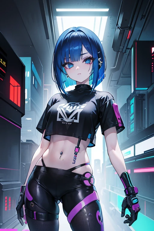 Chica cyberpunk, cybernetic arm, camiseta transparente, falda transparente, pelo azul bob corto, abdomen desnudo, piercing en el ombligo, fondo urbano cyberpunk