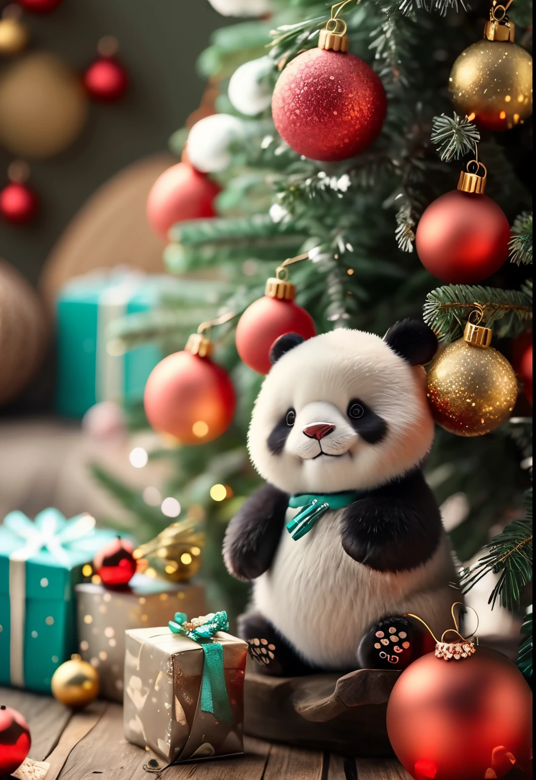 a close up of a stuffed pandas bear sitting on a christmas tree, cute pandas, a cute giant pandas, pandas, by Julia Pishtar, closeup cleavage detailed, Portrait shooting, closeup cleavage, by Emma Andijewska, 中景closeup cleavage镜头, 中景closeup cleavage镜头, delight, pix, gifts, medium shot photograph, festive, closeup cleavage of an adorable