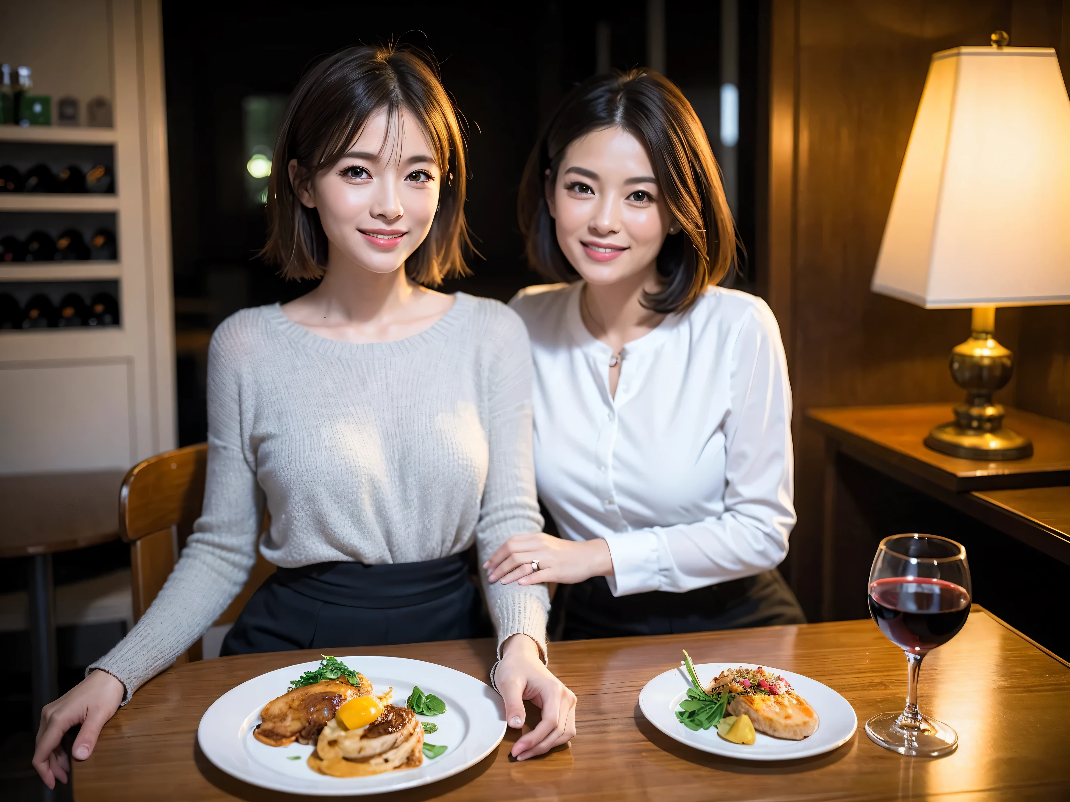 ((Highest quality、8K、masterpiece:1.3))、Yuuko Araki、slimカップル、ピンクmodelカップル、(Realistic, Intricate details:1.2), full-course dinner、Wine Party、Amazing view of the sunset sky and clouds、A bright smile、The wonderfulness of smile、Bright image、The beauty of wine, Beautiful Face, blue eyes, The light shines on your face, Blushing, short hair,Bright Face、42 years old), 39 years old, red wine 、Appetizers、Italian food、Wine bottle、Champagne、sparkling wine、Two beauties、Brown Hair、Shortcuts、Long sleeve shirt、dress、Beautiful woman 1, (slimな顔), (The body is slim), (Brown Hair), (Shortcuts), cheeks turn a little red,Attractive beauty、restaurant, In a prominent place (From the waist up) Nova Frog Style, actress, model, Upper Body, White wine, slim, wine glass, 中央に置かれたwine glass, smile, (smile: 1.15), Beautiful fine grain, Depth f/2,saturation, High Contrast, Strong light and shadow,Moist Body:1.5、3D texture、Delicate eyes、Brown Hair、The hair is very shiny、