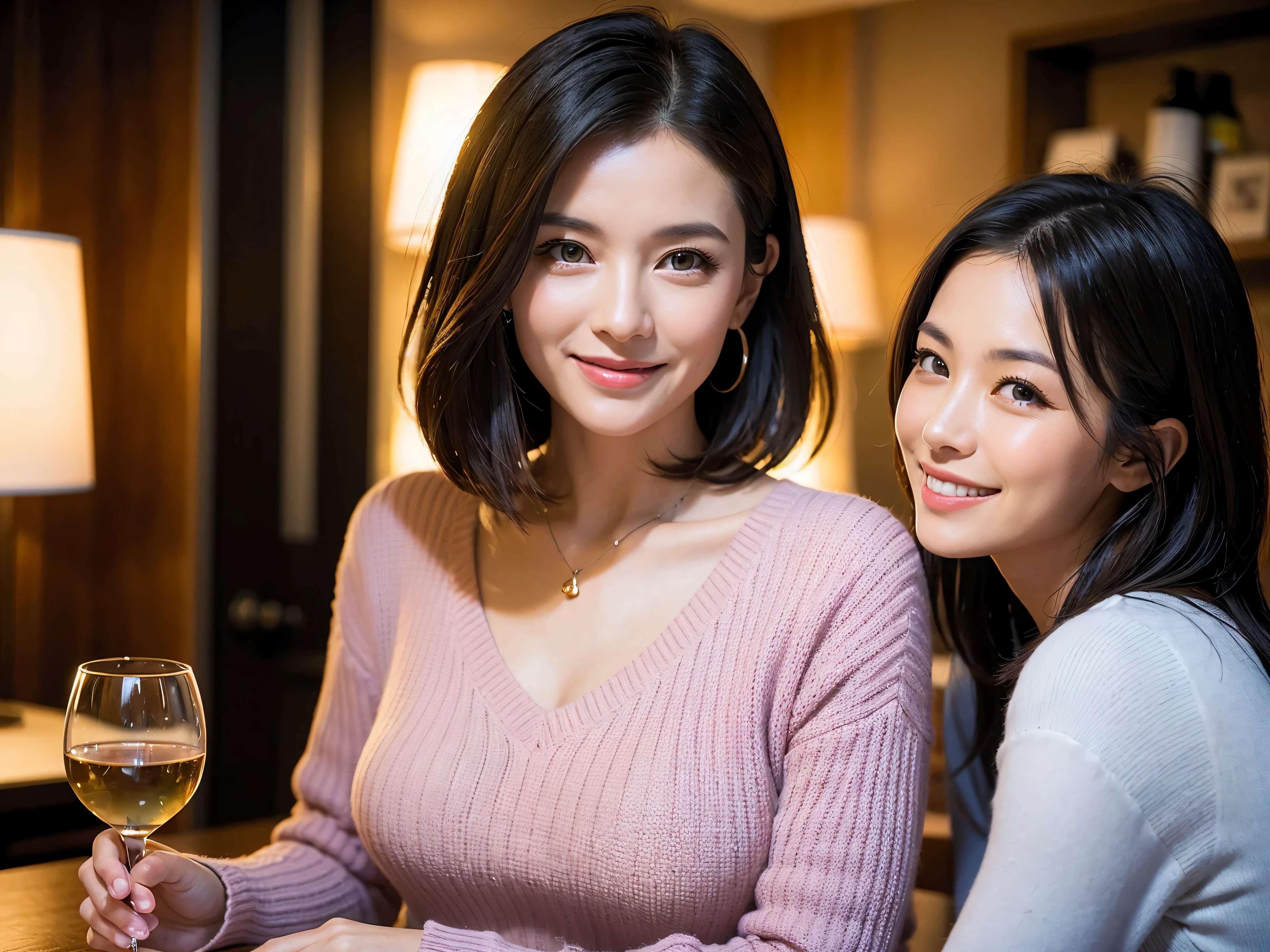 (64k uhd、nffsw、top-quality、​masterpiece:1.2)、(realisitic、Photorealsitic:1.37)、ultra-detailliert、wine glasses、enjoying a glass of wine、a matural female、Two beautiful women、(Slimedな顔)、(Slimedなボティ)、（brawn hair）、(short-cut)、smiling french woman、happy italian girl、British woman、Americana、blush a little on the cheeks、(38 years)、42 year old、red wine、窓の外には美しく緻密なnatta景が広がります..、resturant、wine glassesは目立つ場所に、natta、(from waist up)、sitting on、date、(A smile:1.15)、Beautiful detailed eyes、Cashmere sweater、long-sleeved dresses、japanes、(short-hair:1.2)、Float NovaFrogStyle、、modeled、from waist up、white wine、Slimed、wine glasses、超きれいなnatta景、wine glassesは真ん中に置いて、Happy smile、(8K、Raw photography、top-quality、​masterpiece:1.2)、(realisitic、Photorealsitic:1.37)、ultra-detailliert、超A high resolution、2 females、see the beholder、beautifull detailed face、A smile、Constriction、(細いSlimedなウェスト) :1.3)、knit shirt、Beautiful detailed skin、Skin Texture、floated hair、professional light needle breast、eyes gentle