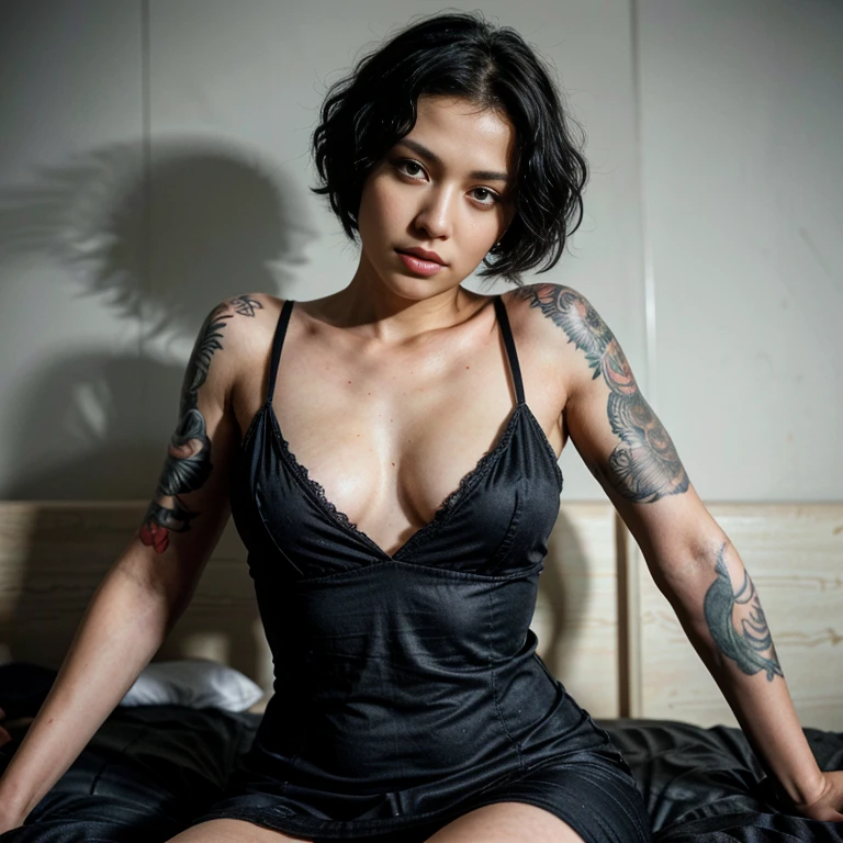 raw photo,photography in black and white,wide angle lens, a japonese girl with short curly black hair hi-top fade style lying face of down in a bedroom, black eyes,realistic face, wearing a summer  blue dress sexy,tattooed,upper body, masterpiece,intricate details, high quality, ultra detailed face, high definition, HDR, 8k, uhd, extreme skin detail, rain, whitelight, 35mm, cinematic still, FujiFilm XT3, ultra realistic