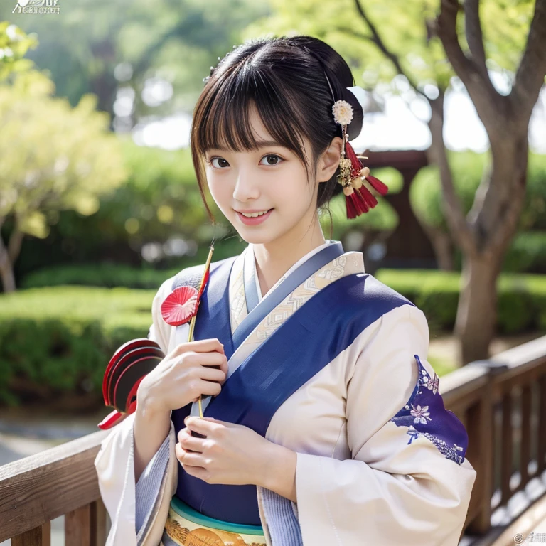 (realistic:1.3), in detail, quality, Rembrandt's light masterpiece:1.2), (photorealistic:1.2), (best quality), (fine skin:1.3)、bangs、black haired、Kyo Yuzen、(kimono, Furisode、Japanese style floral pattern:1.5)、(Super cute face with idol style:1.4)、slim and beautiful body、beautiful breasts、laughter、Full body Esbian:1.2、fur trim:1.3、(bright sunny day, Japanese shrines, null, torii:1.3),
