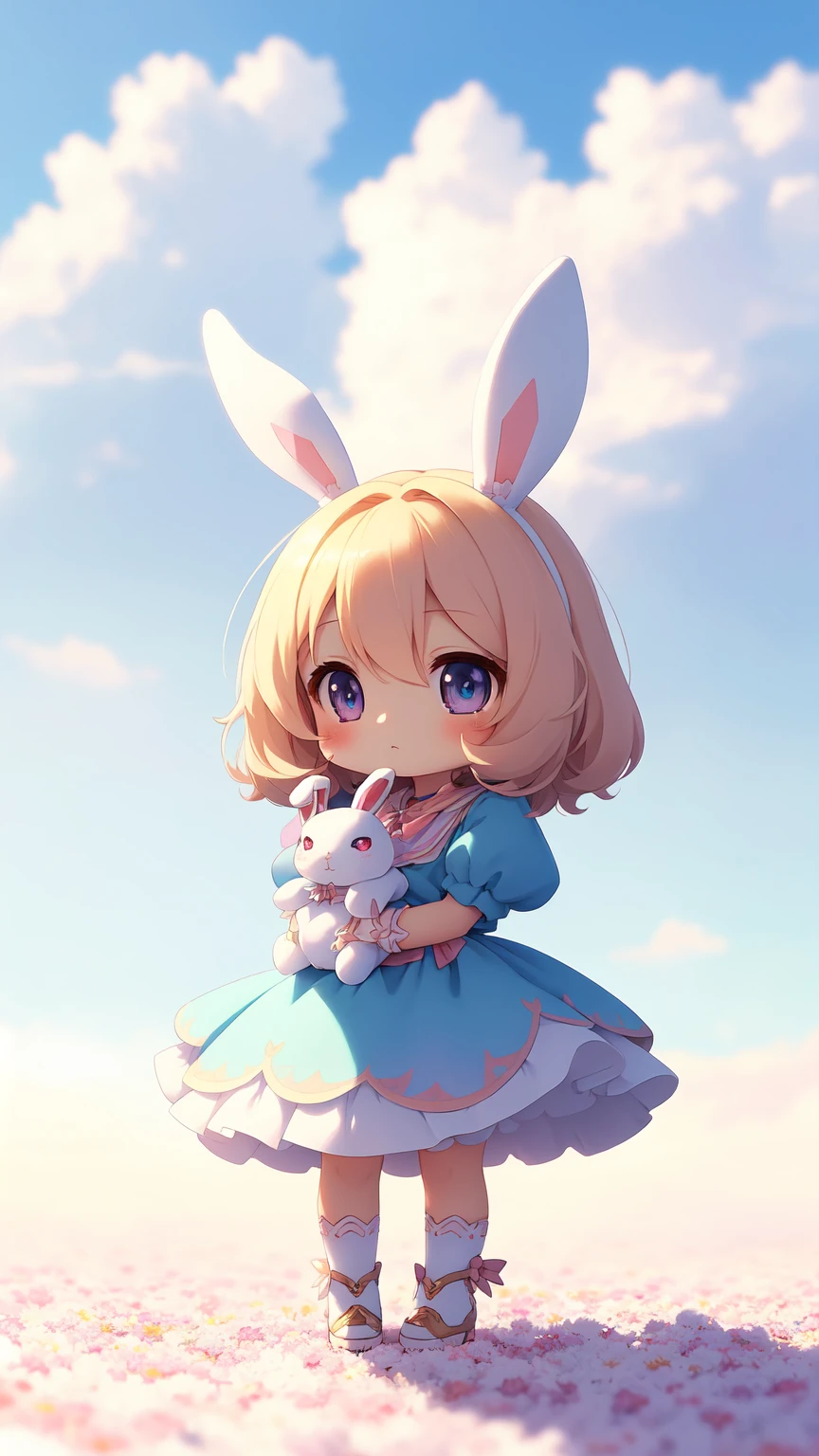 Bunny Morphing Girl, Fluffy, Soft ((Best Quality)), ((masutepiece)), ( Extreme Detail, Supreme Detail, Official art, Beauty and aesthetics: 1.2), depth of fields, Composition, Full body, (Chibi), (Beautiful and detailed eyes: 1.3), (Excellent:1), colorful clouds background blurred