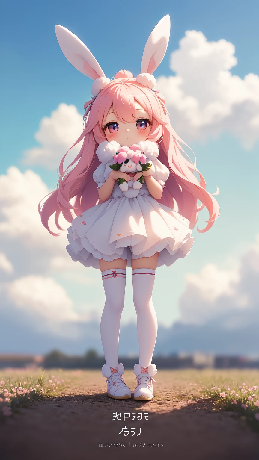 Bunny Morphing Girl, Fluffy, Soft ((Best Quality)), ((masutepiece)), ( Extreme Detail, Supreme Detail, Official art, Beauty and aesthetics: 1.2), depth of fields, Composition, Full body, (Chibi), (Beautiful and detailed eyes: 1.3), (Excellent:1), colorful clouds background blurred