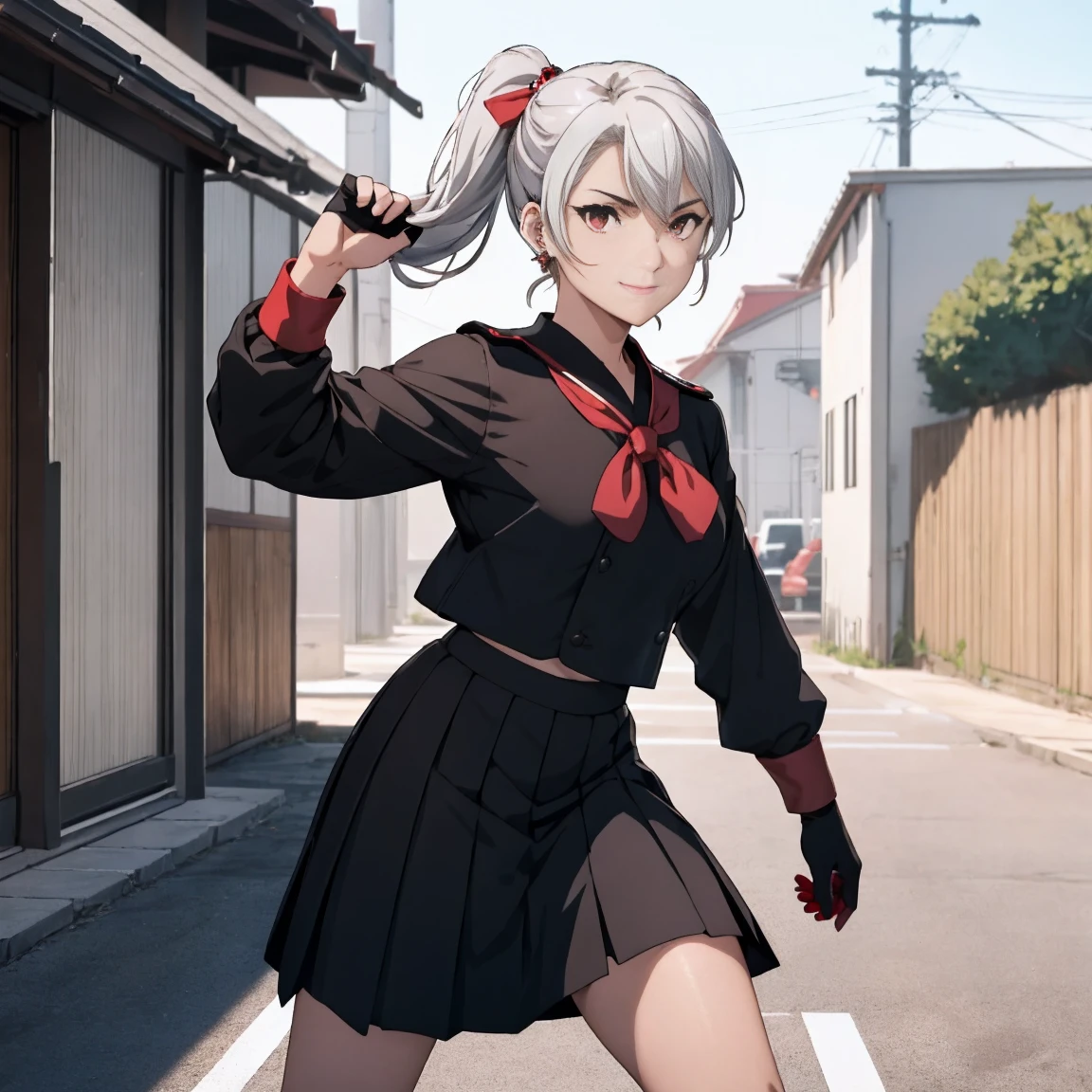 sukeban, illyasviel_von_einzbern, mature_female, silver hair, holding yoyo, combat pose, full body, flowing hair, hair between the eyes, asymmetrical hair, red eyes, delicate facial features, sukeban deka clothe, black japanese school uniform, looking_at_viewer, outdoors, background tokyo, ((solo, solo focus, solo girl,1girl))+++++,woman in a black sukeban costume standing on a set of strees, black japanese sukeban school uniform, 80's japanese sukeban photo, wearing black japanese sukeban school uniform, rumiko, sukeban japanese girl school uniform, dressed as sukeban schoolgirl, black sukeban female sailor uniforms, sukeban sailor uniform, sukeban seifuku, of a schoolgirl posing, of a youthful sukeban japanese girl, wearing sukeban headmistress uniform, 90s japan, sukeban, long black skirt, red basket, full body, light skin tone female, full body, tape, arm_support, gloves, red_gloves, bridal gauntlets, black_footwear, fighter outfitfull body, hourglass, mature face, cheeky smile, cheeky face, wrinkles,( short hair, earrings, ear piercings), realistic, (fighting art, Martial arts, standing, fighting_stance, fight, fighting), extra colors, 2D, megapixel, perfectionism, accent lighting, full HD , 4K, masterpiece, empty red eyes