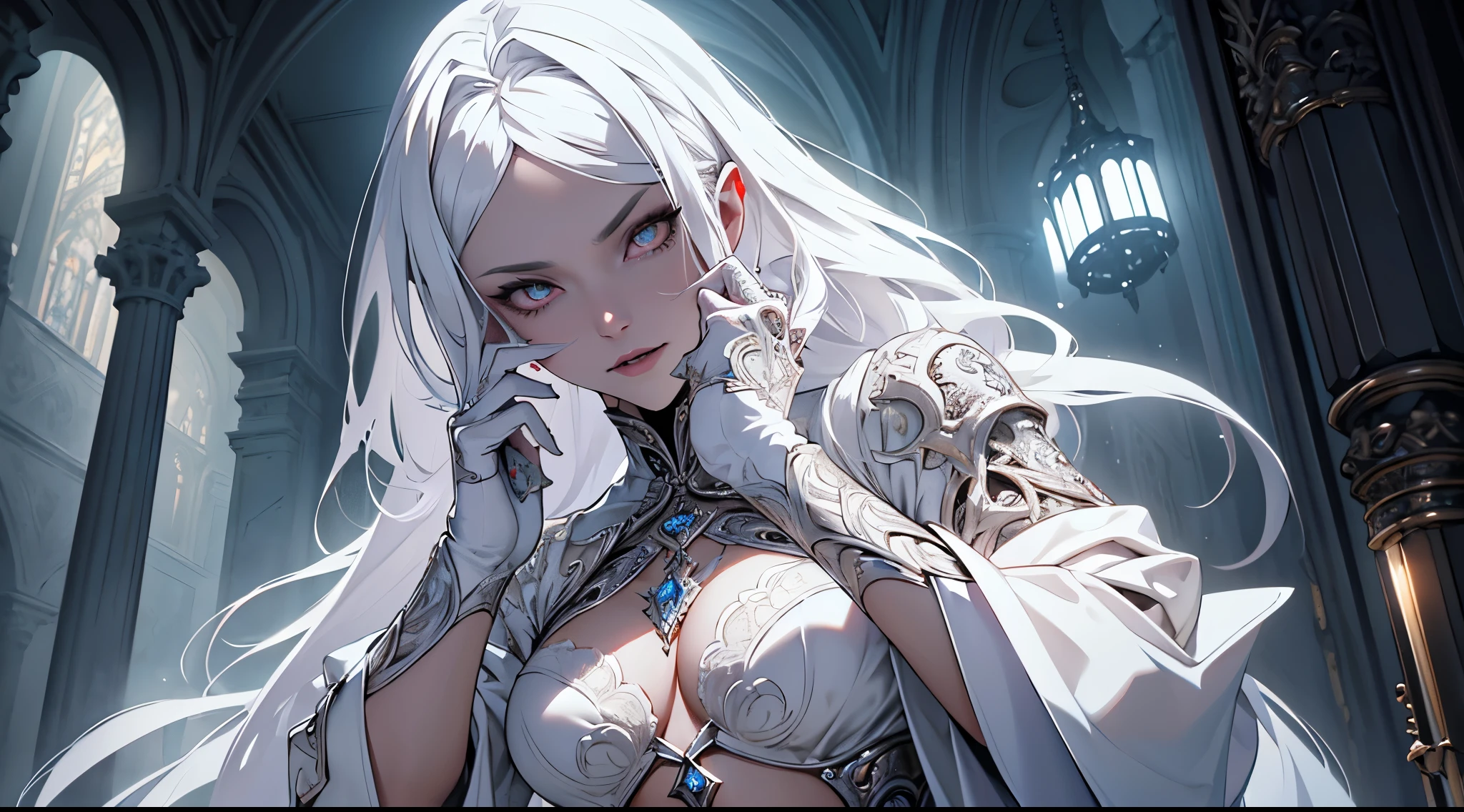 Insanely detailed photo of a gorgeous alien vampire, Renaissance, Long white hair, intricate white eyes, fantastic, ethereal, hyper-detailing, 32K resolution, dinamic lighting, covered navel, hyper detailed, intricately-detailed, Trending on ArtStation, white luxury suit, voluminous lighting, BalenciagaStyle