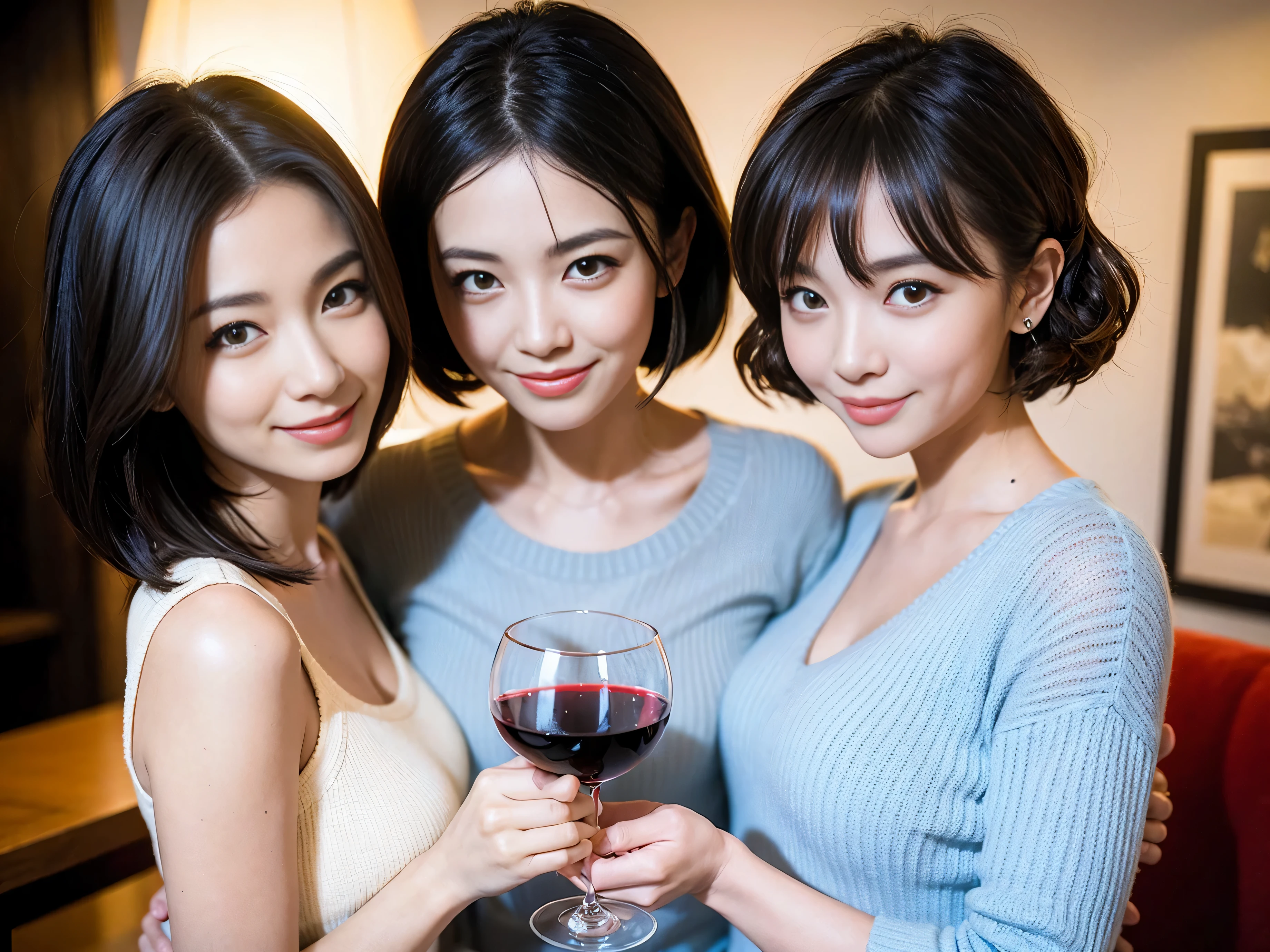 (64k uhd、nffsw、top-quality、​masterpiece:1.2)、(realisitic、Photorealsitic:1.37)、ultra-detailliert、wine glasses、enjoying a glass of wine、a matural female、Two beautiful women、(Slimedな顔)、(Slimedなボティ)、（brawn hair）、(short-cut)、smiling french woman、happy italian girl、British woman、Americana、blush a little on the cheeks、(38 years)、42 year old、red wine、窓の外には美しく緻密なnatta景が広がります..、resturant、wine glassesは目立つ場所に、natta、(from waist up)、sitting on、date、(A smile:1.15)、Beautiful detailed eyes、Cashmere sweater、long-sleeved dresses、japanes、(short-hair:1.2)、Float NovaFrogStyle、、modeled、from waist up、white wine、Slimed、wine glasses、超きれいなnatta景、wine glassesは真ん中に置いて、Happy smile、(8K、Raw photography、top-quality、​masterpiece:1.2)、(realisitic、Photorealsitic:1.37)、ultra-detailliert、超A high resolution、2 females、see the beholder、beautifull detailed face、A smile、Constriction、(細いSlimedなウェスト) :1.3)、knit shirt、Beautiful detailed skin、Skin Texture、floated hair、professional light needle breast、eyes gentle