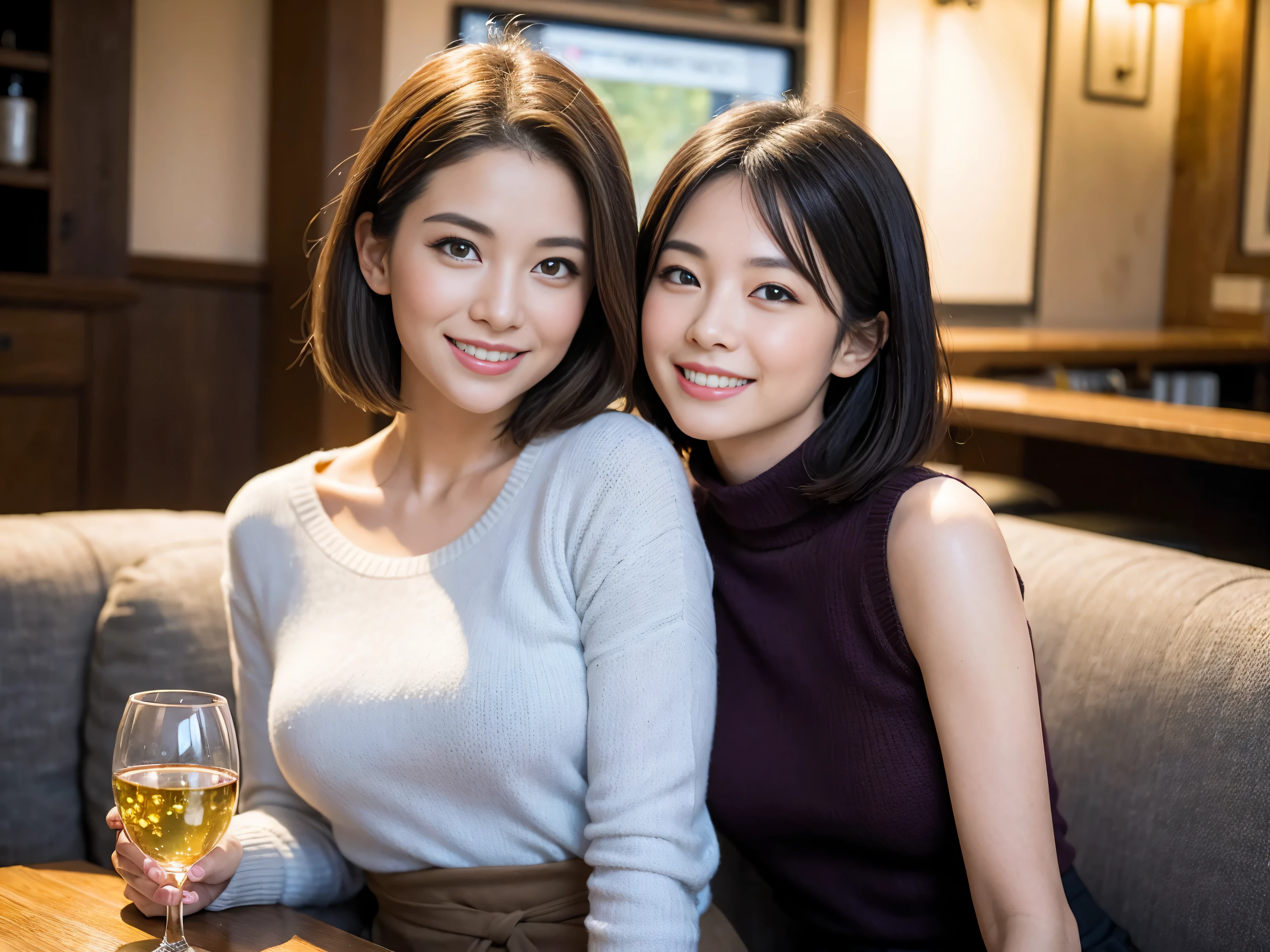 ((highest quality、8k、masterpiece:1.3))、1 male、1 female、石原さとみ似美女Couple、Spouse、Couple、The body is slim、((Bob Hale、Straight hair:1.2)), (Realistic, Intricate details:1.2), テーブルの上のwine glass、Shine light on your face、 Amazing view of the sunset sky and clouds、Amazing mountain views、A bright smile、The wonderfulness of smile、Bright image、The beauty of wine, Beautiful Face, blue eyes, The light shines on your face, Blushing, short hair,Bright Face、 (Age 37), "43 years old, red wine 、Appetizers、Italian food、Wine bottle、Champagne、sparkling wine、Two beauties、Brown Hair、Shortcuts、Long sleeve shirt、dress、Pretty Woman 1, (slimな顔), (The body is slim), (Brown Hair), (Shortcuts), cheeks turn a little red,Attractive beauty、restaurant, In a prominent place (From the waist up) Nova Frog Style, actress, model, Upper Body, White wine, slim, wine glass, 中央に置かれたwine glass, smile, (smile: 1.15), Beautiful fine grain, Depth f/2,saturation, High Contrast, Strong light and shadow,Moist Body:1.5、3D texture、Delicate eyes、Brown Hair、The hair is very shiny、