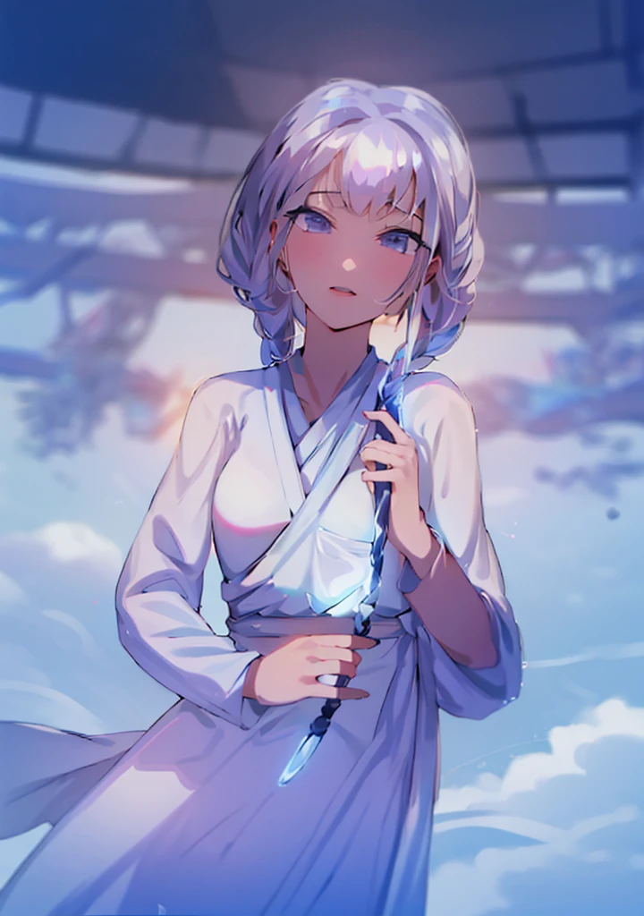 tmasterpiece, The is very detailed, ultra - detailed, The warm,Alone, (1个Giant Breast Girl), (Skin pale blue eyes, Frosty white hair, Cool Chara, flat face, Young woman, Lady Chara, medium, Gentle and confident, goddes, Cool Kudre girl, peaceful vision, calm expression,background natural color