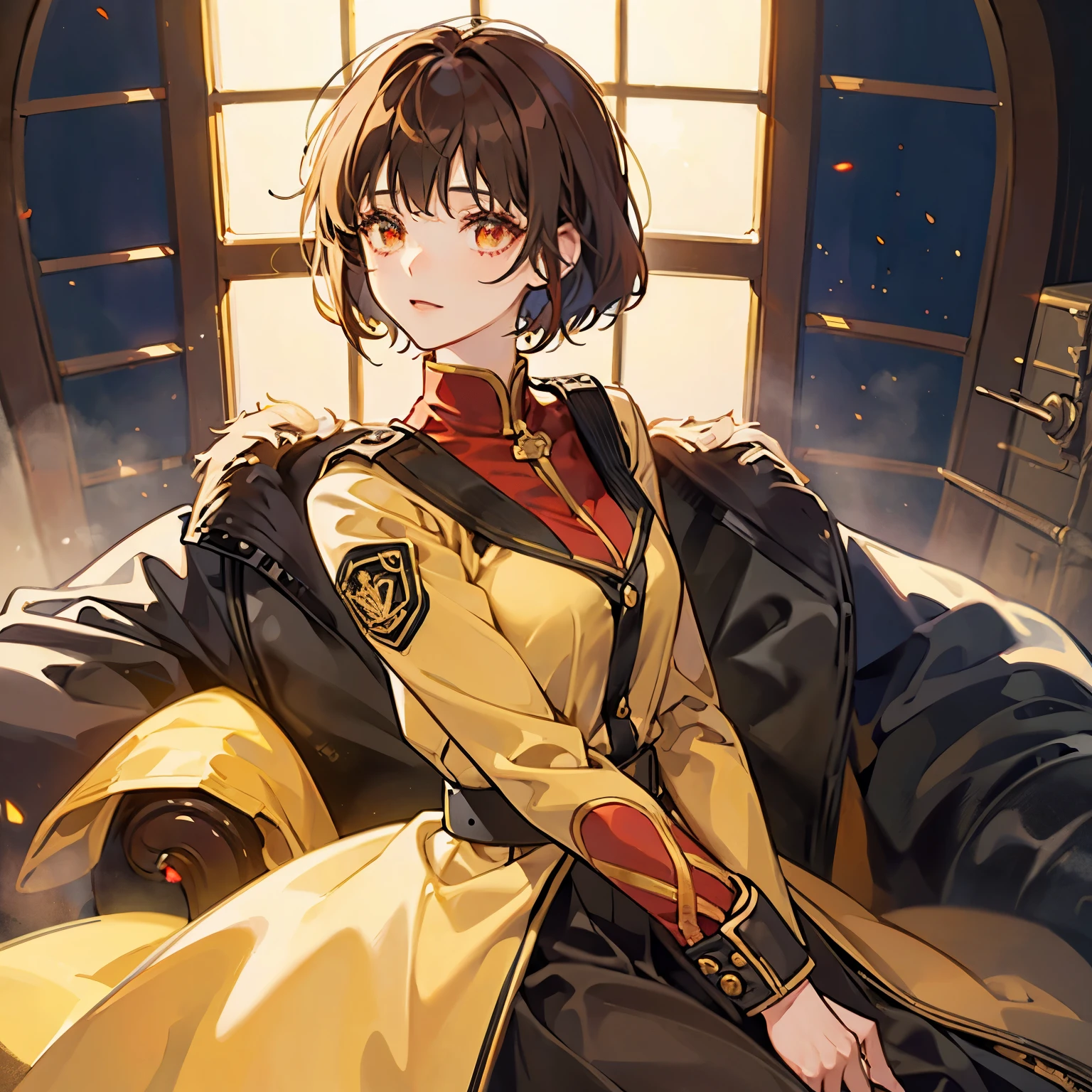 brown short cut girl,No bangs,Eyes are red,Shining Red Eye,yellow and blue combat uniform,a cool