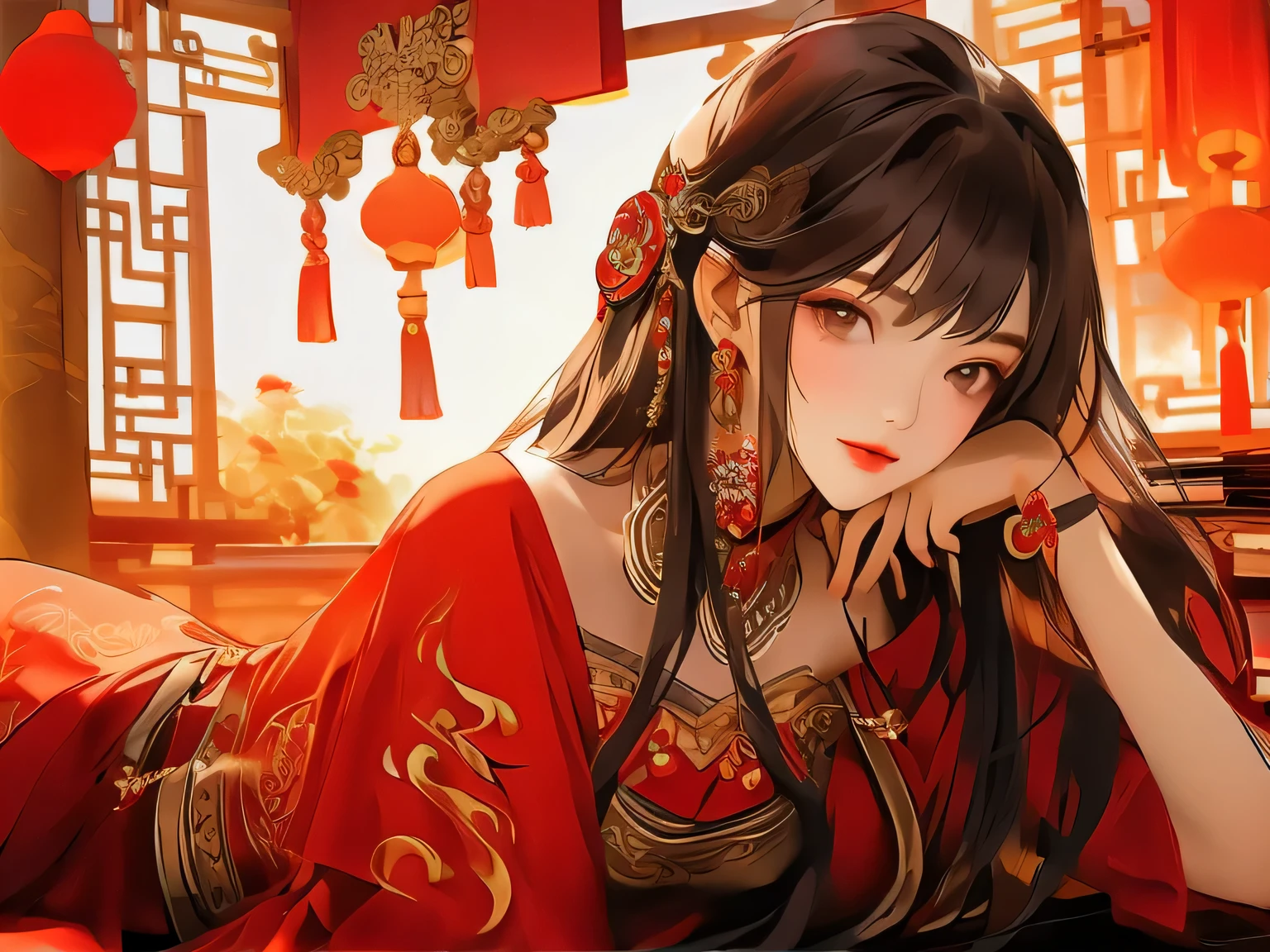 one-girl,Ancient Chinese style,Delicate depiction of eyes,Gorgeous red costume,ornate headdress
