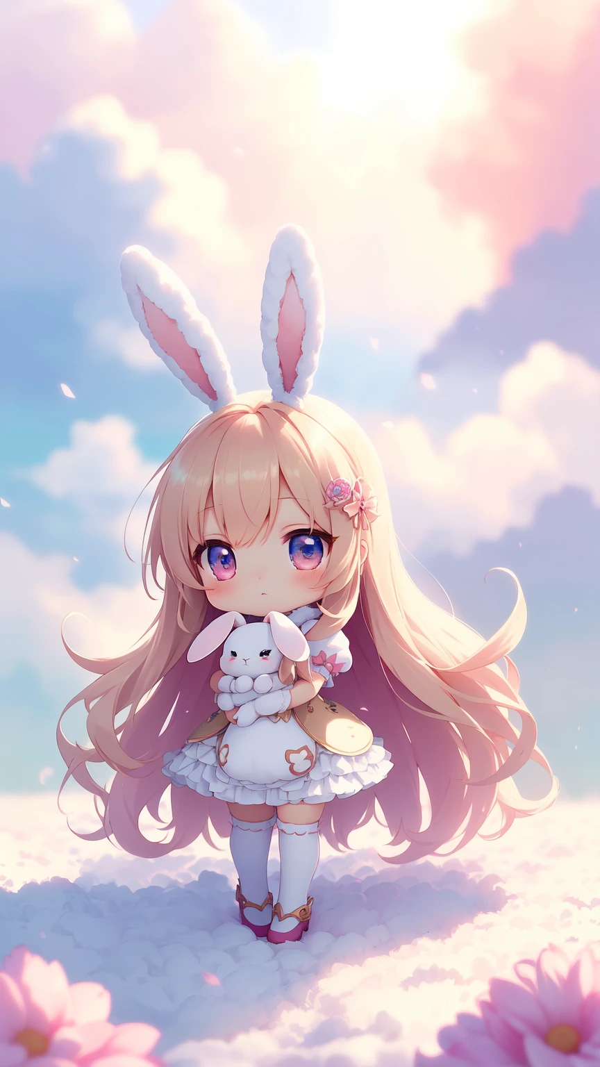 Bunny Morphing Girl, Fluffy, Soft ((Best Quality)), ((masutepiece)), ( Extreme Detail, Supreme Detail, Official art, Beauty and aesthetics: 1.2), depth of fields, Composition, Full body, (Chibi), (Beautiful and detailed eyes: 1.3), (Excellent:1), colorful clouds background blurred