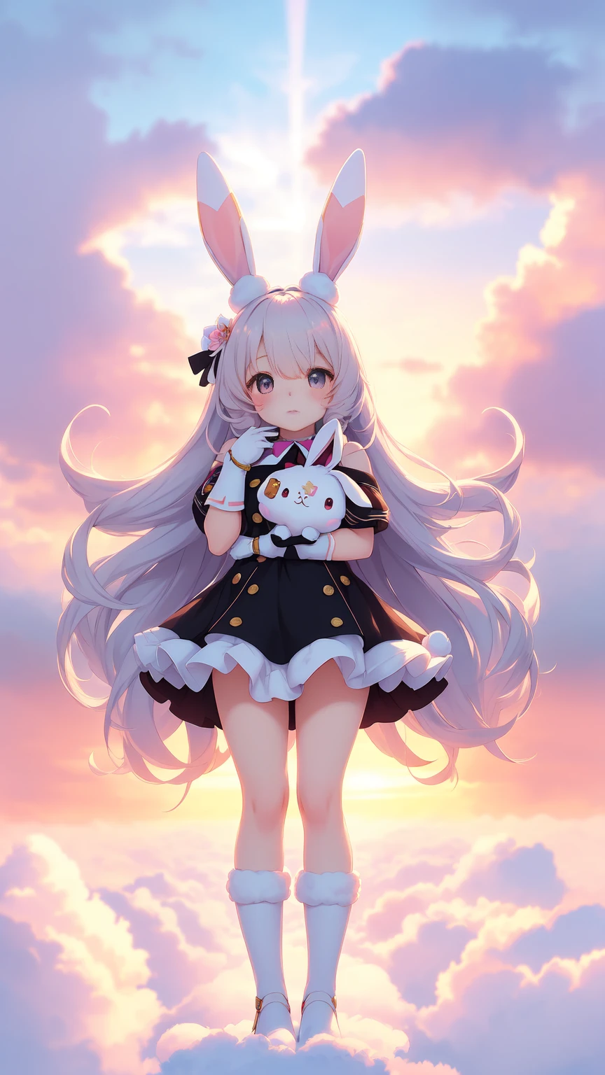Bunny Morphing Girl, Fluffy, Soft ((Best Quality)), ((masutepiece)), ( Extreme Detail, Supreme Detail, Official art, Beauty and aesthetics: 1.2), depth of fields, Composition, Full body, (Chibi), (Beautiful and detailed eyes: 1.3), (Excellent:1), colorful clouds background blurred