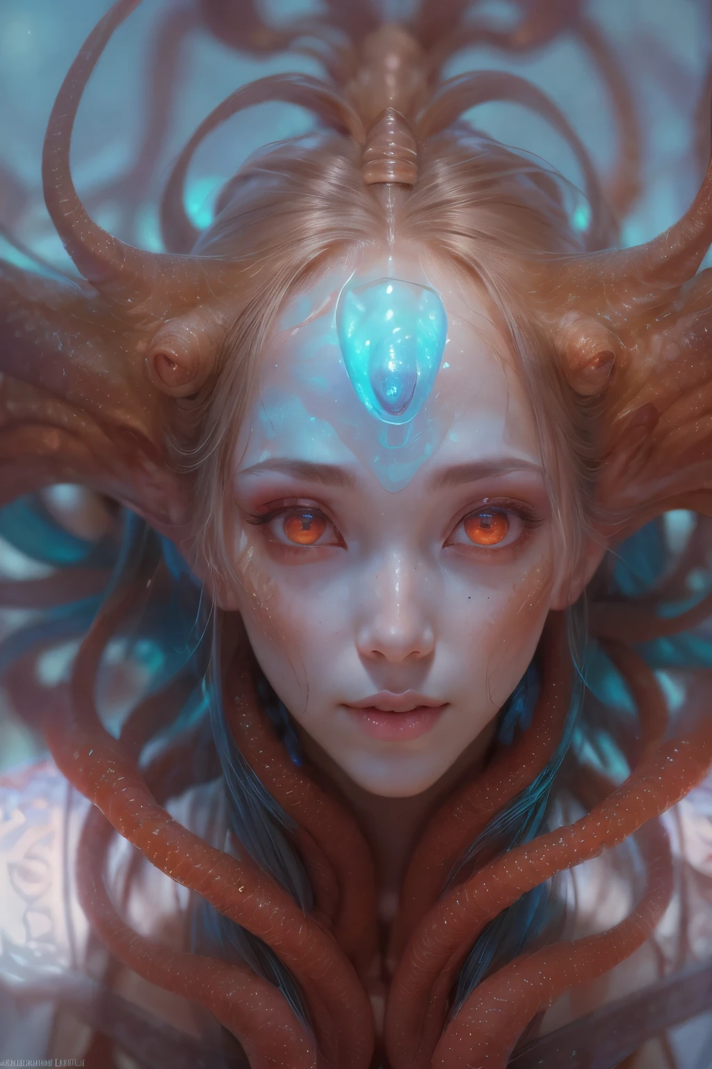 Portrait, (beautiful female alien:1.2), (There is a female genital-like organ in the middle of the forehead..:1.8), (The most beautiful face in the history of the universe:1.2), (scarlet eyes:1.6), (Translucent skin:1.8), an evil gaze that seduces , (red eyes:1.5), Full body like, (sexypose:1.5), alien, No humans, cells are fused, (Lots of translucent tentacles:1.1) (Translucent skin:1.3), extraterrestrial, cell, bio image, 魅惑的, Best Quality, 8K,4K_quality, High Definition, Dramatic Lighting, masutepiece:1.5,cinematic quality, detail up, (Intricate details:1.2), High resolution, High Definition, drawing faithfully, (Thick eyebrows:1.2), Beautiful eyes with fine symmetry, (Ultra detailed eyes:1.2),(Highly detailed face and eyes:1.2), (High-resolution red-eye:1.4), Intimate face, (Super detailed skin quality feeling:1.4), Perfect Anatomy, (Beautiful toned body:1.5), (Moist skin:1.2), No makeup, (dark circles:1.1), long canines, cinematic drawing of characters, ultra high quality model, cinematic quality, detail up, (Intricate details:1.2), High resolution, High Definition, drawing faithfully, Official art, Unity 8K wall , 8K Portrait, Best Quality, Very High resolution, ultra detailed artistic photography, midnight aura, unreal enginee 5, Ultra Sharp Focus, art by alberto seveso, ArtGerm, Roisch, intricate artwork, Medusa, best quality, masutepiece, ultra High resolution, (photos realistic:1.4), Ultra-realistic realism, dream-like, nautilus, Creation of fantasy, Snail, Dream Snail, biopunk nautilus, Thrilling color schemes, Ultra-realistic realism, seductively smiling, Blue tentacles