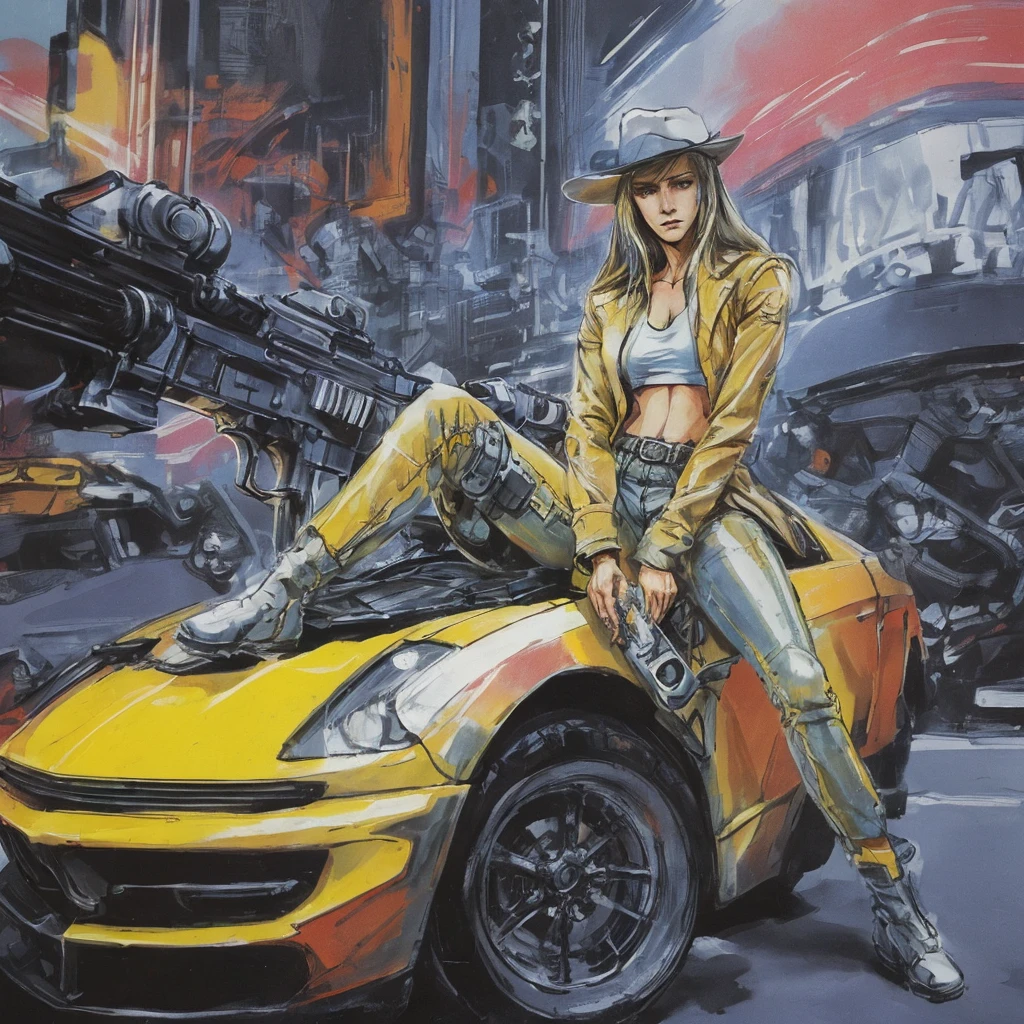 1 girl, masterpiece, macross delta splash art, best quality, white tank top, midriff, short blue jeans, small breasts, cowboy hat, gun holster on hip, highly detailed gun, realistic gun, Colt Peacemaker in hand, gun aimed forward, sheriff badge, bullets on belt, brown leather duster, leather overcoat, detailed eyes, sparkling eyes, beautiful hands, highly detailed hands, straight hands, shiny skin, shiny hair, blue eyes, light blonde hair, tall, long hair, straight hair, full body, American flag