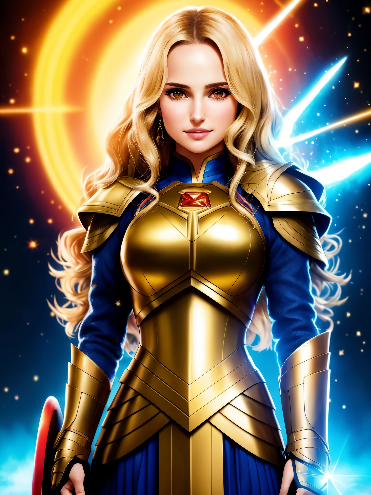 a colorful hd anime painting of a woman in a knight armour, portrait of natalie portman,lady thor,,brown eyes,smiling,Blonde hair,front view,looking at camera,vibrant colors,cute head,wide angle, clean detailed face,analogous colors,glowing shadows,beautiful gradient,depth of field,clean image,high quality,high detail,high definition,Luminous Studio graphics engine.television screenshot, giving a speech, video screenshot, full face frontal centered, but as a photograph, filmation, technocracy, without text, 5d, age 2 0,