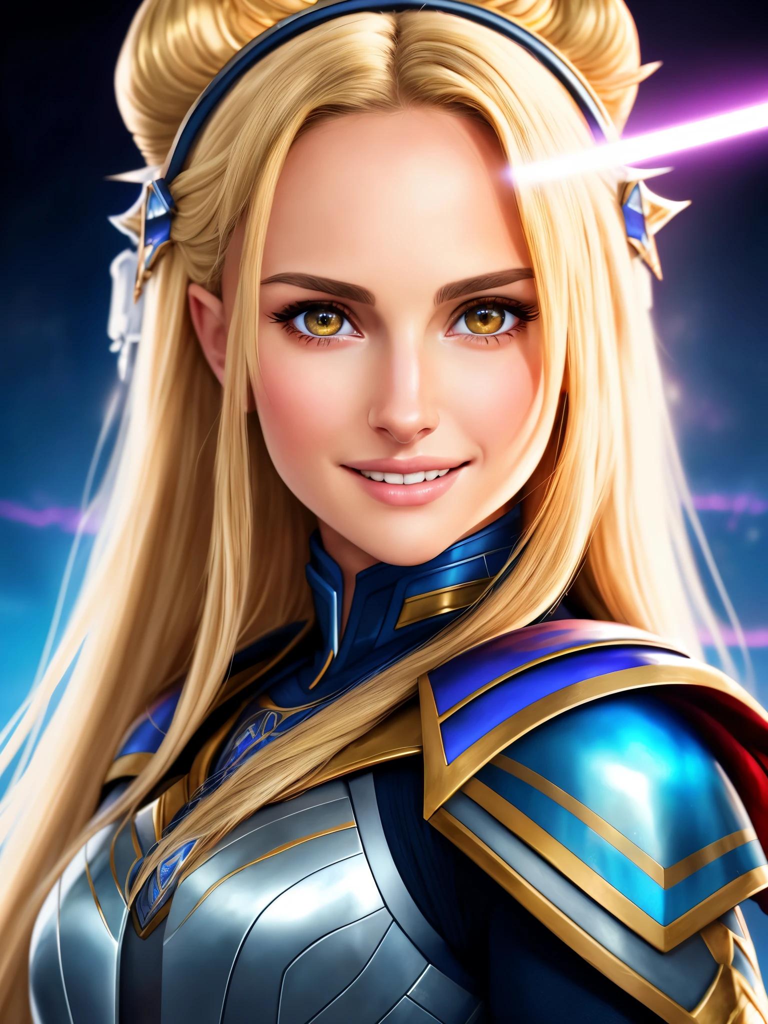 a colorful hd anime painting of a woman in a knight armour, portrait of natalie portman,lady thor,,brown eyes,smiling,Blonde hair,front view,looking at camera,vibrant colors,cute head,wide angle, clean detailed face,analogous colors,glowing shadows,beautiful gradient,depth of field,clean image,high quality,high detail,high definition,Luminous Studio graphics engine.television screenshot, giving a speech, video screenshot, full face frontal centered, but as a photograph, filmation, technocracy, without text, 5d, age 2 0,