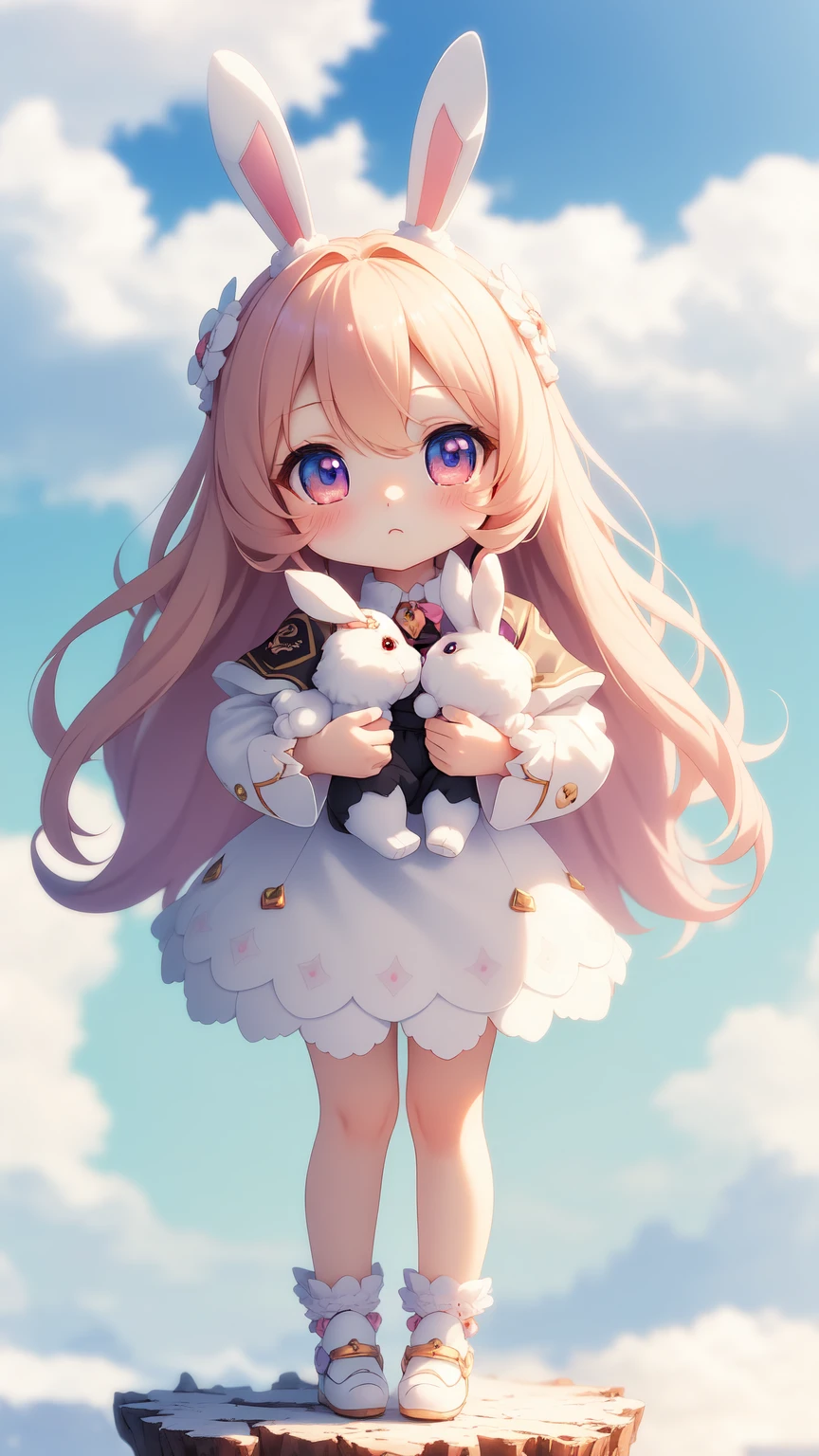 Bunny Morphing Girl, Fluffy, Soft ((Best Quality)), ((masutepiece)), ( Extreme Detail, Supreme Detail, Official art, Beauty and aesthetics: 1.2), depth of fields, Composition, Full body, (Chibi), (Beautiful and detailed eyes: 1.3), (Excellent:1), colorful clouds background blurred