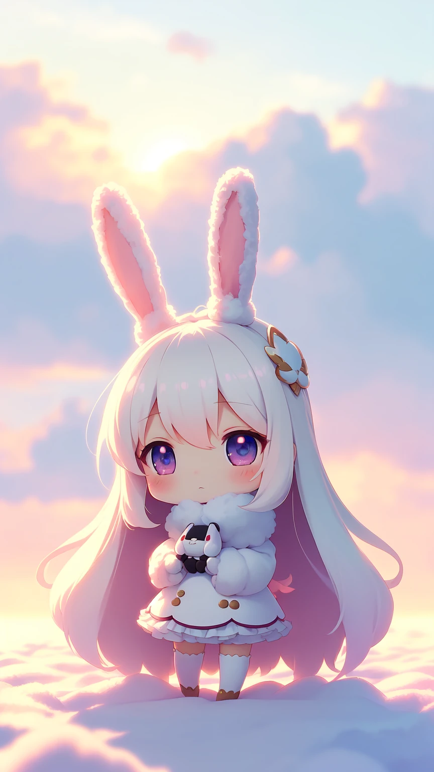 Bunny Morphing Girl, Fluffy, Soft ((Best Quality)), ((masutepiece)), ( Extreme Detail, Supreme Detail, Official art, Beauty and aesthetics: 1.2), depth of fields, Composition, Full body, (Chibi), (Beautiful and detailed eyes: 1.3), (Very satisfied:1), Colorful clouds blurred background