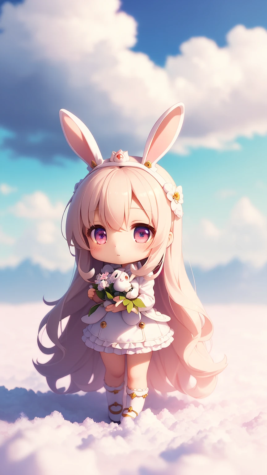 Bunny Morphing Girl, Fluffy, Soft ((Best Quality)), ((masutepiece)), ( Extreme Detail, Supreme Detail, Official art, Beauty and aesthetics: 1.2), depth of fields, Composition, Full body, (Chibi), (Beautiful and detailed eyes: 1.3), (Excellent:1), colorful clouds background blurred