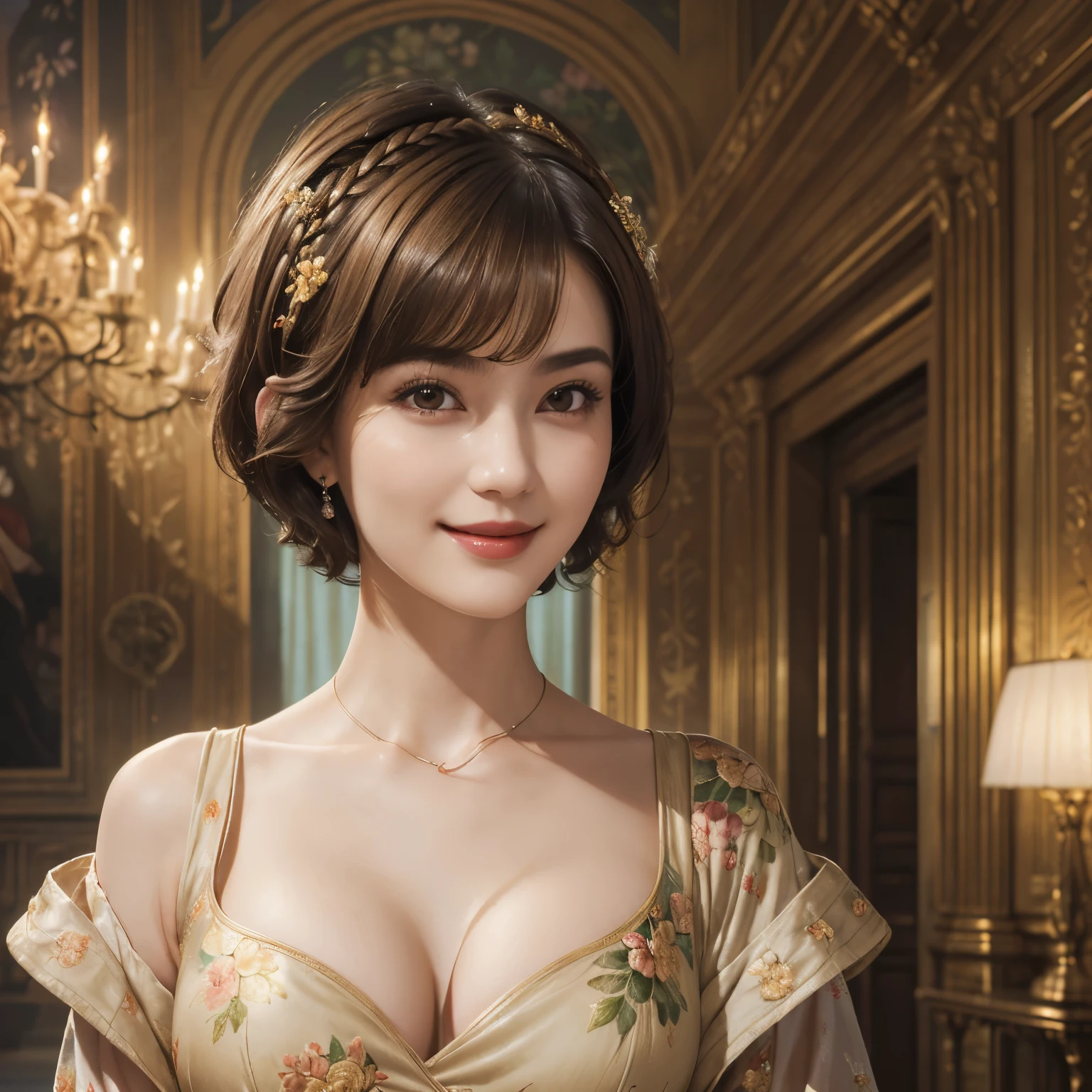 140
(a 20 yo woman,in the palace), (A hyper-realistic), (high-level image quality), ((beautiful hairstyle 46)), ((short-hair:1.46)), (kindly smile), (breasted:1.46), (lipsticks), (is wearing dress), (murky,wide,Luxurious room), (florals), (an oil painting、Rembrandt)