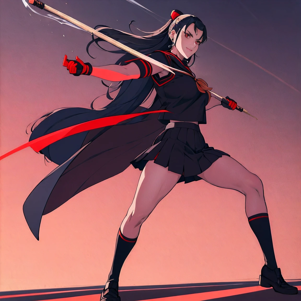 sukeban, illyasviel_von_einzbern, mature_female, silver hair, holding yoyo, combat pose, full body, flowing hair, hair between the eyes, asymmetrical hair, red eyes, delicate facial features, sukeban deka clothe, black japanese school uniform, looking_at_viewer, outdoors, background tokyo, ((solo, solo focus, solo girl,1girl))+++++,woman in a black sukeban costume standing on a set of strees, black japanese sukeban school uniform, 80's japanese sukeban photo, wearing black japanese sukeban school uniform, rumiko, sukeban japanese girl school uniform, dressed as sukeban schoolgirl, black sukeban female sailor uniforms, sukeban sailor uniform, sukeban seifuku, of a schoolgirl posing, of a youthful sukeban japanese girl, wearing sukeban headmistress uniform, 90s japan, sukeban, long black skirt, red basket, full body, light skin tone female, full body, tape, arm_support, gloves, red_gloves, bridal gauntlets, black_footwear, fighter outfitfull body, hourglass, mature face, cheeky smile, cheeky face, wrinkles,( short hair, earrings, ear piercings), realistic, (fighting art, Martial arts, standing, fighting_stance, fight, fighting), extra colors, 2D, megapixel, perfectionism, accent lighting, full HD , 4K, masterpiece, empty red eyes