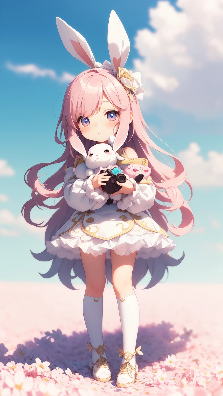 Bunny Morphing Girl, Fluffy, Soft ((Best Quality)), ((masutepiece)), ( Extreme Detail, Supreme Detail, Official art, Beauty and aesthetics: 1.2), depth of fields, Composition, Full body, (Chibi), (Beautiful and detailed eyes: 1.3), (Excellent:1), colorful clouds background blurred