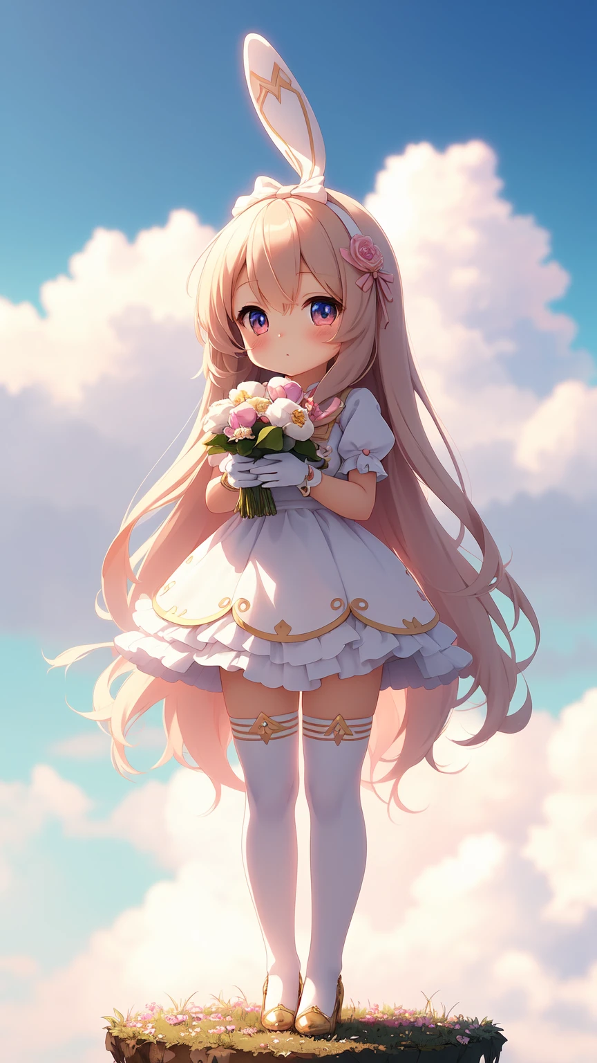 Bunny Morphing Girl, Fluffy, Soft ((Best Quality)), ((masutepiece)), ( Extreme Detail, Supreme Detail, Official art, Beauty and aesthetics: 1.2), depth of fields, Composition, Full body, (Chibi), (Beautiful and detailed eyes: 1.3), (Excellent:1), colorful clouds background blurred