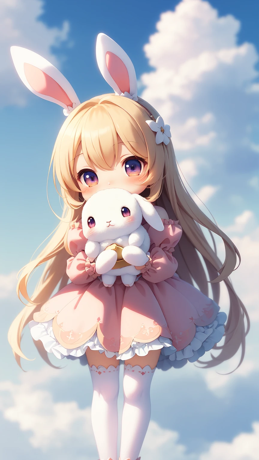 Bunny Morphing Girl, Fluffy, Soft ((Best Quality)), ((masutepiece)), ( Extreme Detail, Supreme Detail, Official art, Beauty and aesthetics: 1.2), depth of fields, Composition, Full body, (Chibi), (Beautiful and detailed eyes: 1.3), (Excellent:1), colorful clouds background blurred