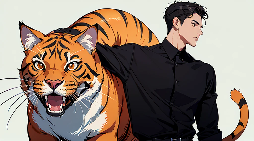 ( A high resolution, Over-refinement), Handsome, 1male people, stand posture，Very short black hair,wearing black shirt，Faraway view，sideface，Optimal proportions,solid color backdrop, the background is clean，Holding orange cat，Keep your mouth shut