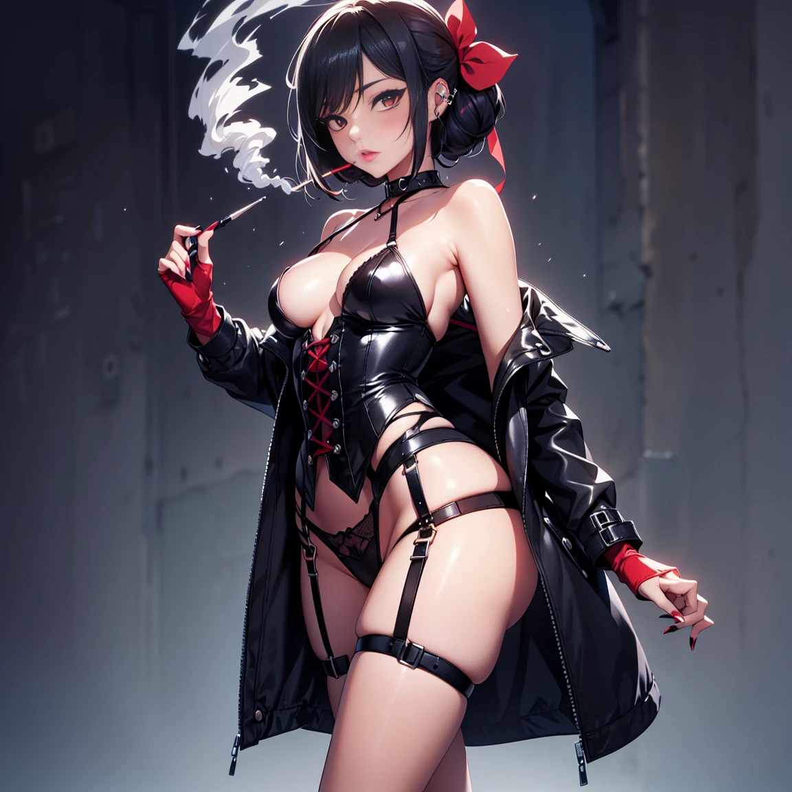 fishnets, ((solo, solo focus, solo girl,1girl))++,(evil dominatrix succubus Marinette Dupain-Cheng Ladybug)+++,low_twintails, red_hair, two tone hair, multicolored_hair, black_hair, solo, short_hair, high_heels, garter_straps, thighhighs, piercing, bare_shoulders, collar, nipple_piercing, red_eyes, thioots, corset, boots, lips, small_breasts, standing, looking_at_viewer, no_panties, gloves, makeup, garter_belt, full_body, lipstick, black_legwear, thighs, thick_thighs, parted_lips, coat, shiny, cleavage, dress, strapless, black_footwear, evil_red_eyeackground, large_breasts, areolae, shiny_skin, choker, grey_background, red_lipstick, black_gloves, blush, pubic_hair, detached_sleeves, no_bra, cumdrip, personification, high_heel_boots, black_lipstick, tattoo, elboloves, eyeshadow, bdsm, smoking, bangs, watermark, off_shoulder, strapless_dress, paris background