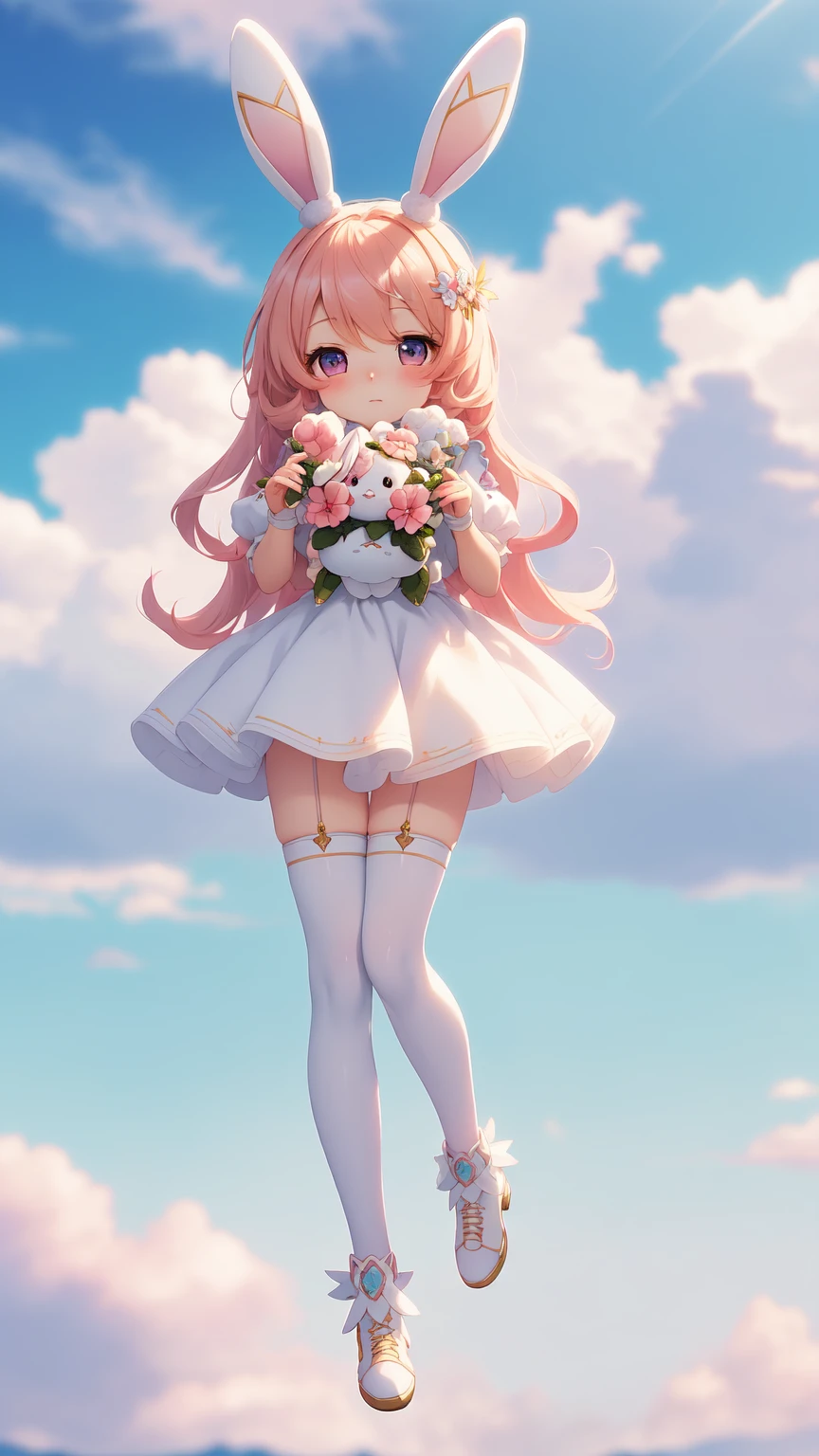 Bunny Morphing Girl, Fluffy, Soft ((Best Quality)), ((masutepiece)), ( Extreme Detail, Supreme Detail, Official art, Beauty and aesthetics: 1.2), depth of fields, Composition, Full body, (Chibi), (Beautiful and detailed eyes: 1.3), (Excellent:1), colorful clouds background blurred