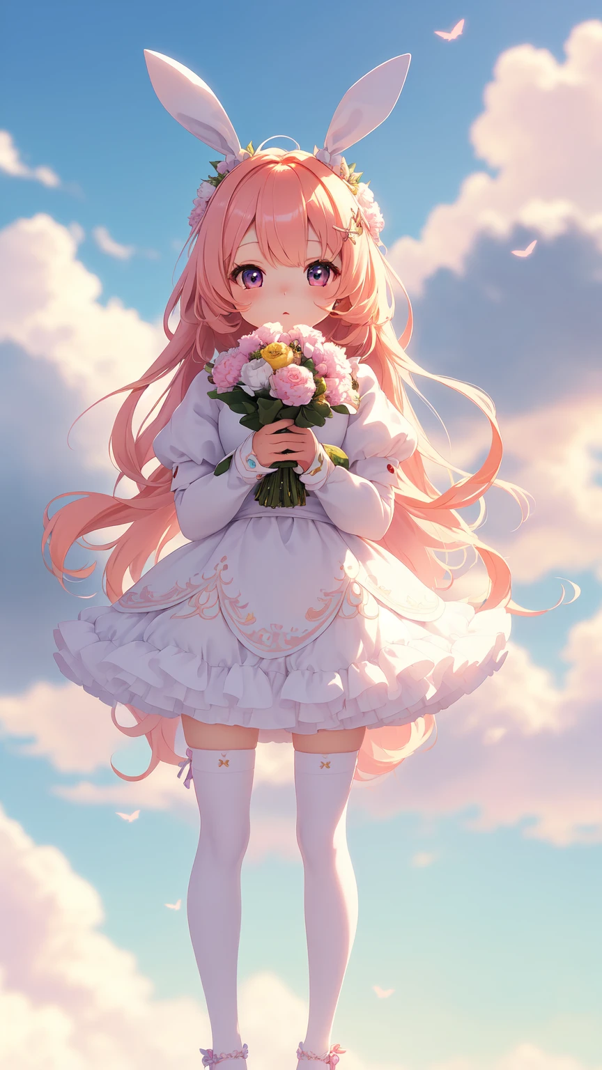 Bunny Morphing Girl, Fluffy, Soft ((Best Quality)), ((masutepiece)), ( Extreme Detail, Supreme Detail, Official art, Beauty and aesthetics: 1.2), depth of fields, Composition, Full body, (Chibi), (Beautiful and detailed eyes: 1.3), (Excellent:1), colorful clouds background blurred