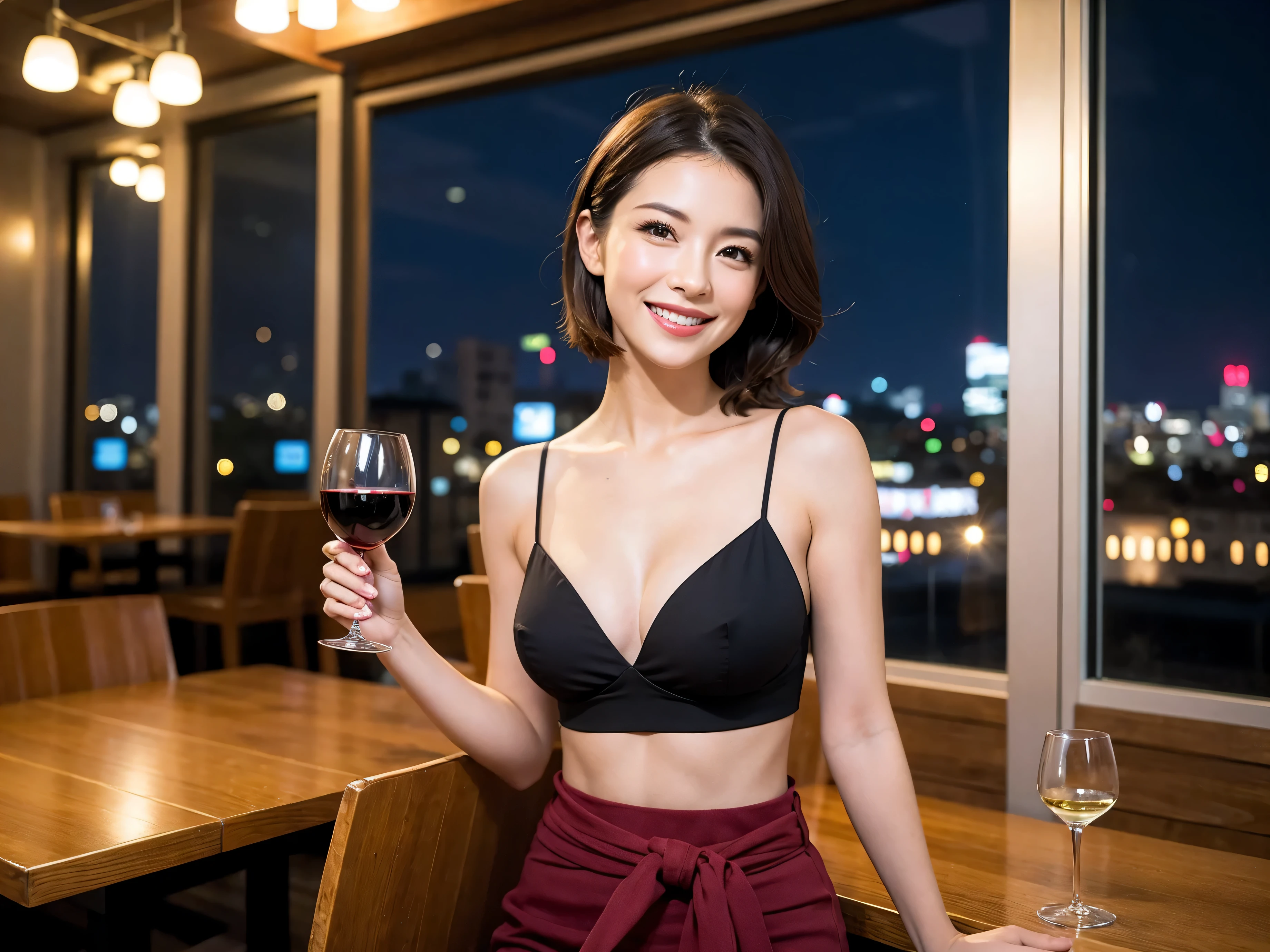(64k uhd, nffsw, of the highest quality, masutepiece: 1.2), (Realistic, Photorealistic: 1.37), Pretty Woman 1, (Slim Face), (slimボティ), (Brown hair), (short-cut), Americana、Frenchman、cheeks blush a little, (40 years old), 38 years, Solo, A beautiful and detailed night view spreads out outside the window........., restaurant, wine glassesに座って, At night, In a prominent place (from waist up) NovaFrogStyle, actress, Model, waist-up, white wine, slim, wine glasses, Super clean night view, 真ん中に置かれたwine glasses, Happy smile, (Smile: 1.15), Beautiful fine eyes, Upper body, Bust Japan Up, Night, Short, Short, actress, Model, waist-up, white wine, slim, wine glasses, Super clean night view, 真ん中に置かれたwine glasses, Happy smile,