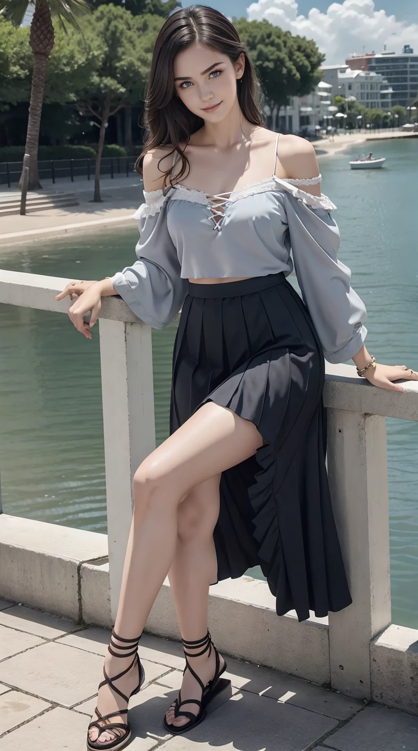 24-year-old Caucasian woman、Hair is brunette、Eye color is blue、Medium hair、Slender but well-proportioned muscular man、She is wearing an off-shoulder top with frilly frills.、She is wearing a low-rise pleated skirt.、Wearing sandals、Leaning on the railing at the seaside park in town、a smile、wearing lace-up sandals