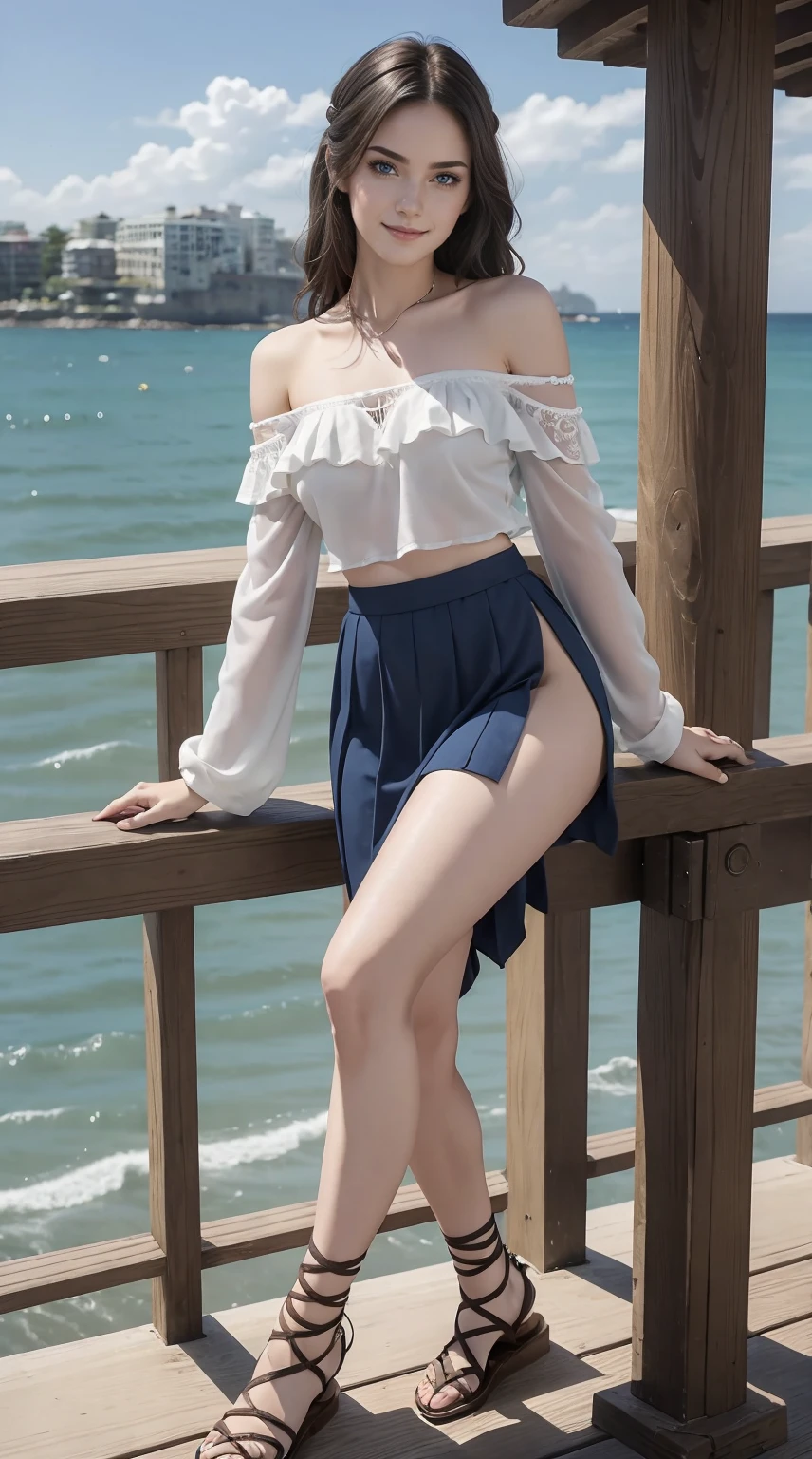 24-year-old Caucasian woman、Hair is brunette、Eye color is blue、Medium hair、Slender but well-proportioned muscular man、She is wearing an off-shoulder top with frilly frills.、She is wearing a low-rise pleated skirt.、Wearing sandals、Leaning on the railing at the seaside park in town、a smile、wearing lace-up sandals