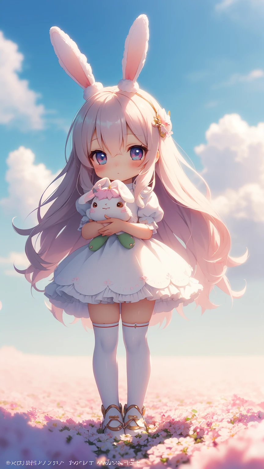 Bunny Morphing Girl, Fluffy, Soft ((Best Quality)), ((masutepiece)), ( Extreme Detail, Supreme Detail, Official art, Beauty and aesthetics: 1.2), depth of fields, Composition, Full body, (Chibi), (Beautiful and detailed eyes: 1.3), (Excellent:1), colorful clouds background blurred