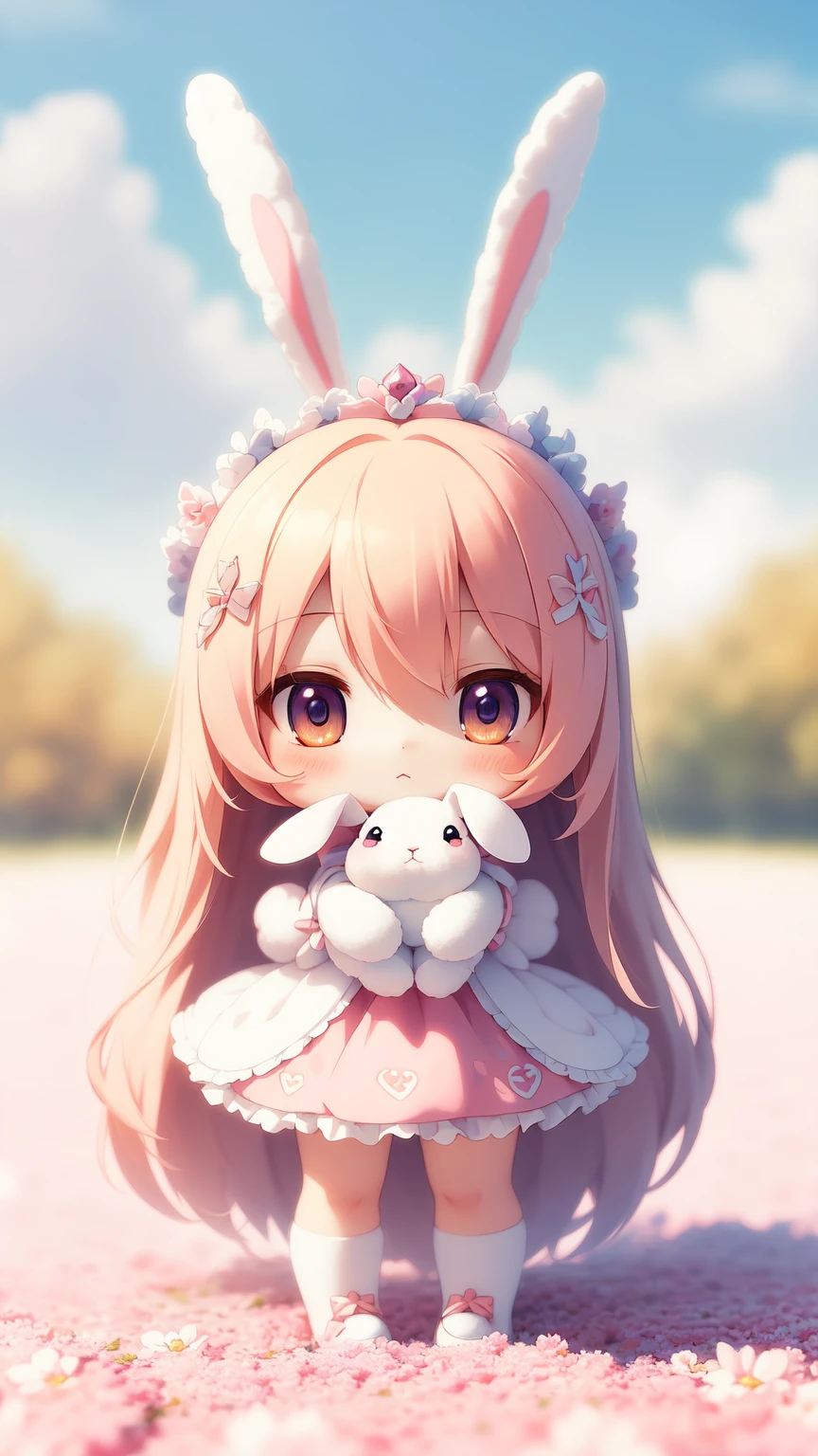 Bunny Morphing Girl, Fluffy, Soft ((Best Quality)), ((masutepiece)), ( Extreme Detail, Supreme Detail, Official art, Beauty and aesthetics: 1.2), depth of fields, Composition, Full body, (Chibi), (Beautiful and detailed eyes: 1.3), (Excellent:1), colorful clouds background blurred