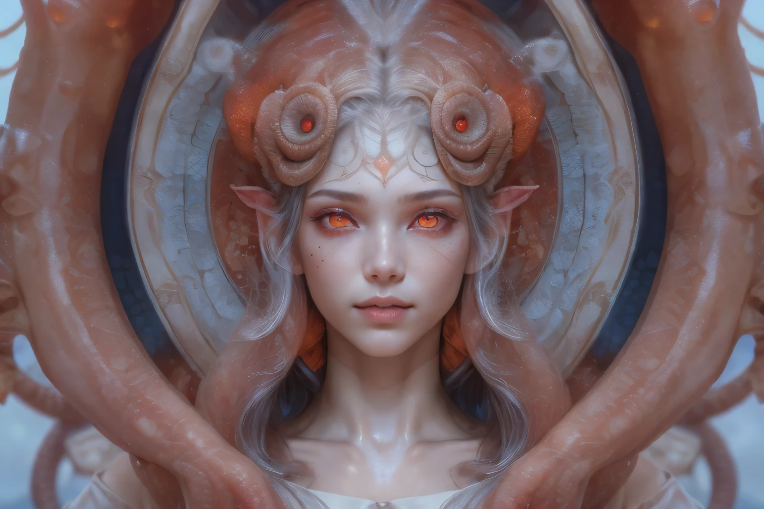 Portrait, (beautiful female alien:1.2), (There is a female genital-like organ in the middle of the forehead...:1.8), (The most beautiful face in the history of the universe:1.2), (scarlet eyes:1.6), (Translucent skin:1.8), an evil gaze that seduces , (red eyes:1.5), Full body like, (sexypose:1.5), alien, No humans, cells are fused, (Lots of translucent tentacles:1.1) (Translucent skin:1.3), extraterrestrial, cell, bio image, 魅惑的, Best Quality, 8K,4K_quality, High Definition, Dramatic Lighting, masutepiece:1.5,cinematic quality, detail up, (Intricate details:1.2), High resolution, High Definition, drawing faithfully, (Thick eyebrows:1.2), Beautiful eyes with fine symmetry, (Ultra detailed eyes:1.2),(Highly detailed face and eyes:1.2), (High-resolution red-eye:1.4), Intimate face, (Super detailed skin quality feeling:1.4), Perfect Anatomy, (Beautiful toned body:1.5), (Moist skin:1.2), No makeup, (dark circles:1.1), long canines, cinematic drawing of characters, ultra high quality model, cinematic quality, detail up, (Intricate details:1.2), High resolution, High Definition, drawing faithfully, Official art, Unity 8K wall , 8K Portrait, Best Quality, Very High resolution, ultra detailed artistic photography, midnight aura, unreal enginee 5, Ultra Sharp Focus, art by alberto seveso, ArtGerm, Roisch, intricate artwork, Medusa, best quality, masutepiece, ultra High resolution, (photos realistic:1.4), Ultra-realistic realism, dream-like, nautilus, Creation of fantasy, Snail, Dream Snail, biopunk nautilus, Thrilling color schemes, Ultra-realistic realism, seductively smiling, Blue tentacles